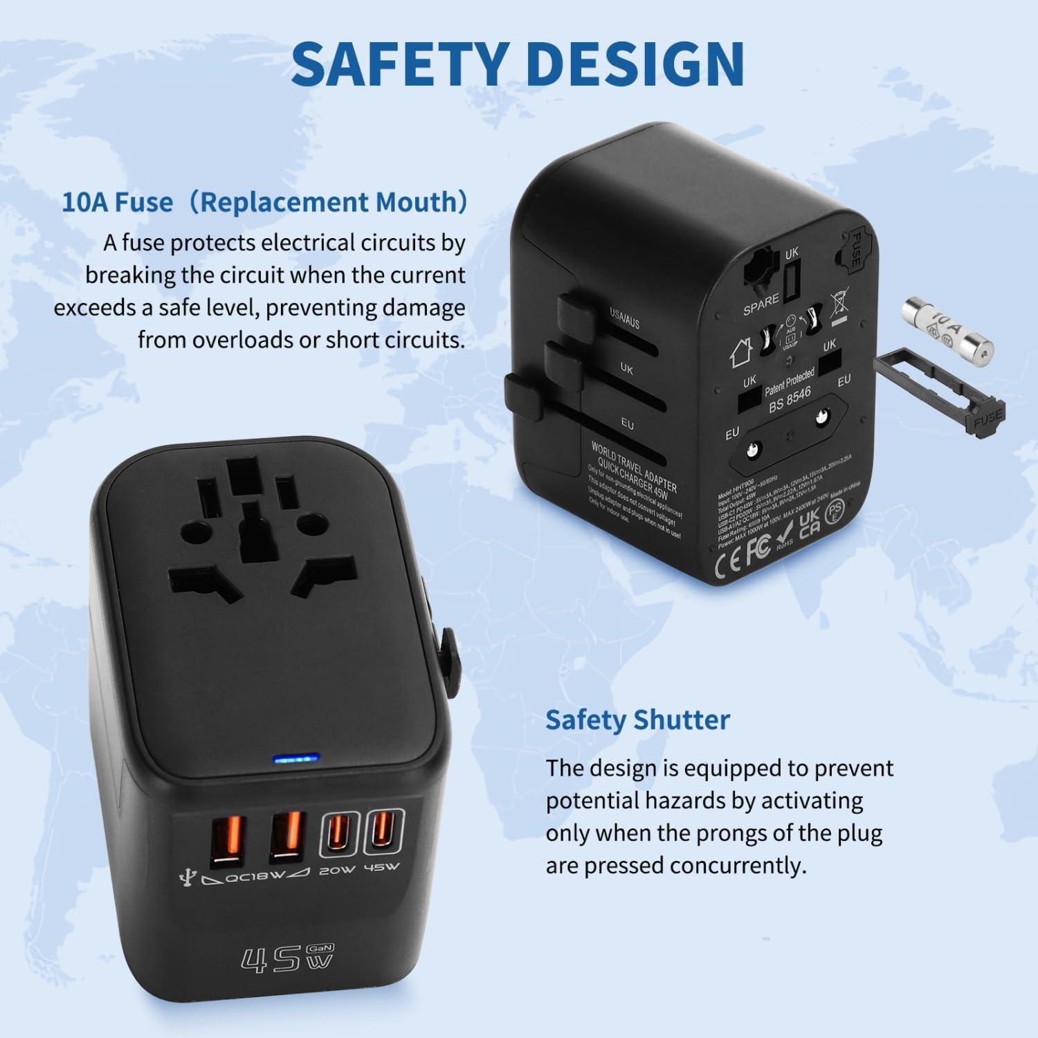 Adaptador de Viaje Universal Aigostar 5-en-1 45W Carga Rápida