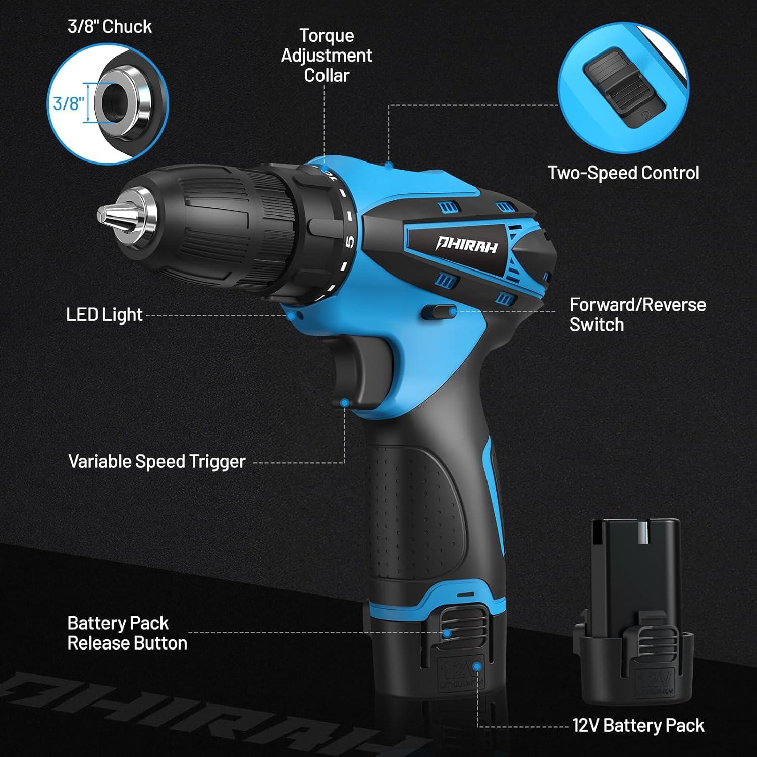 Taladro Inalámbrico PHIRAH 12V con Batería y Cargador Azul