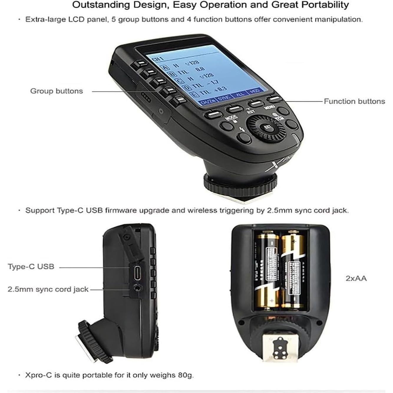 Godox XproC Xpro-C TTL Wireless Flash Trigger for Canon, 1/8000s HSS TTL-Convert-Manual Function Large Screen Slanted Design 5 Dedicated Group Buttons 11 Customizable Functions (XProC for Canon)