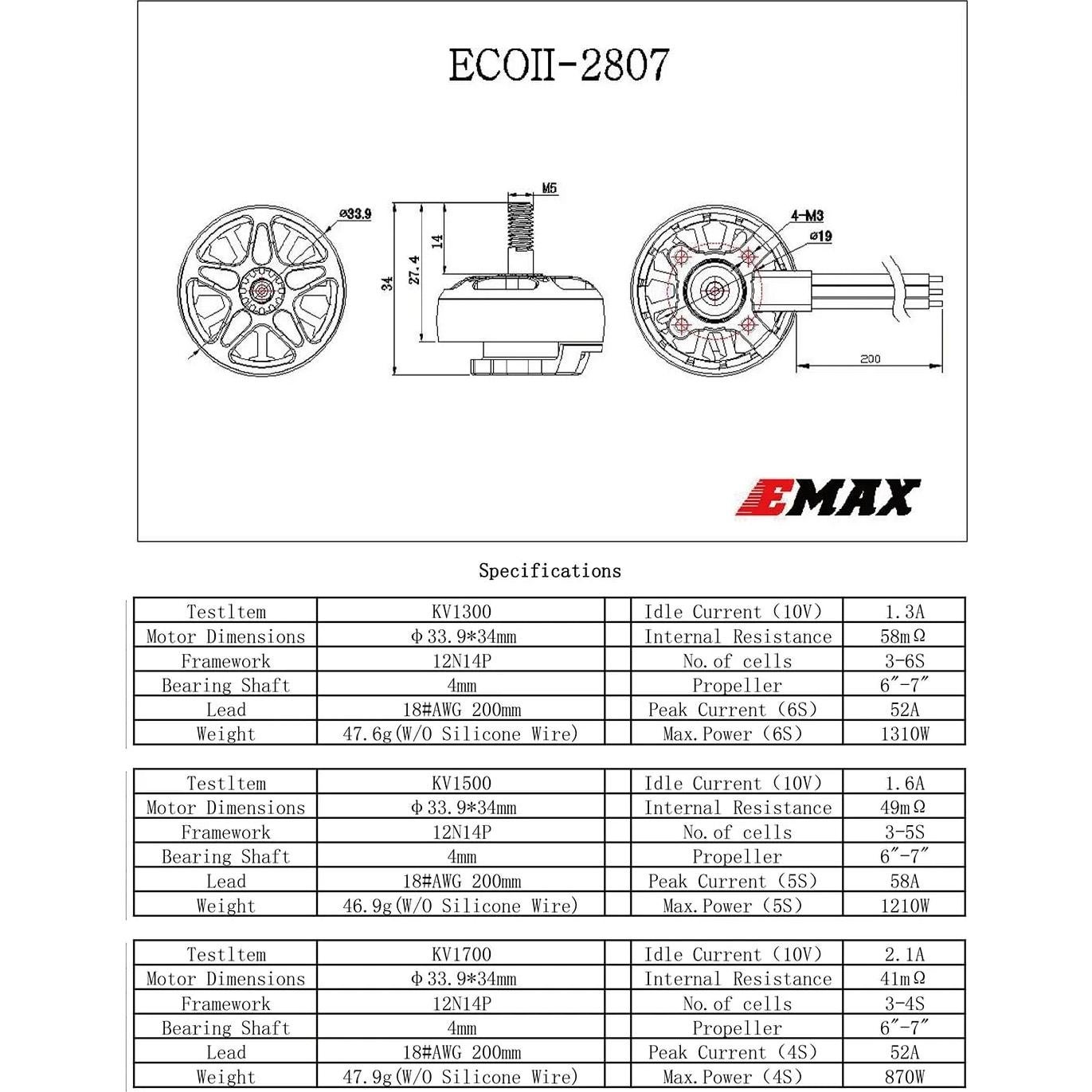 Motor Sin Escobillas EMAX ECO II 2807 1300KV para Drone FPV