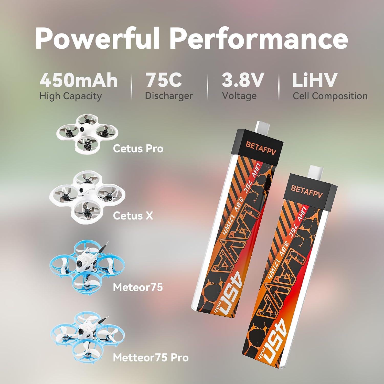Baterías Lipo BETAFPV LAVA 450mAh 1S 3.8V 75C para Drones