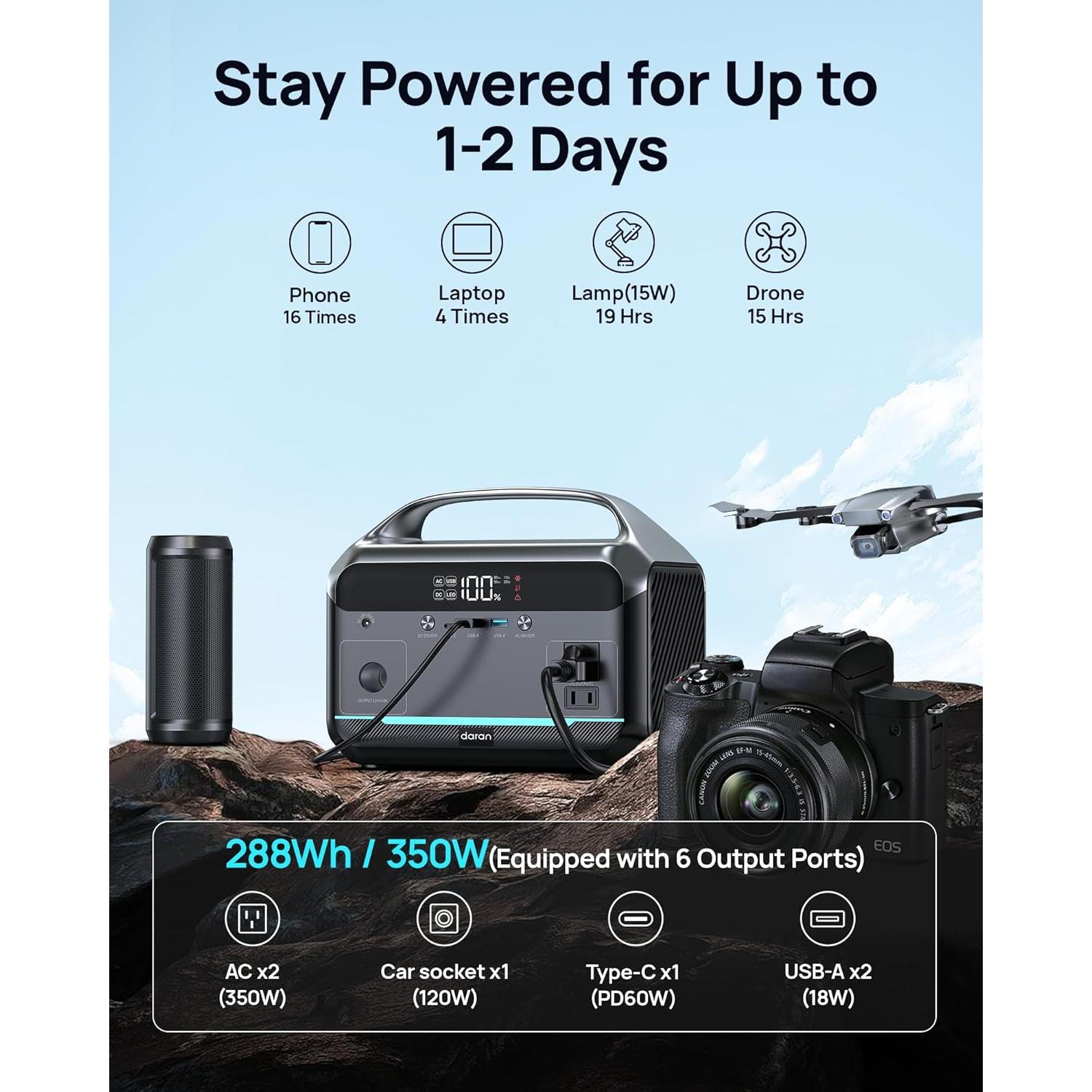 Estación de Energía Portátil DARAN 350W 288Wh Batería LiFePO4