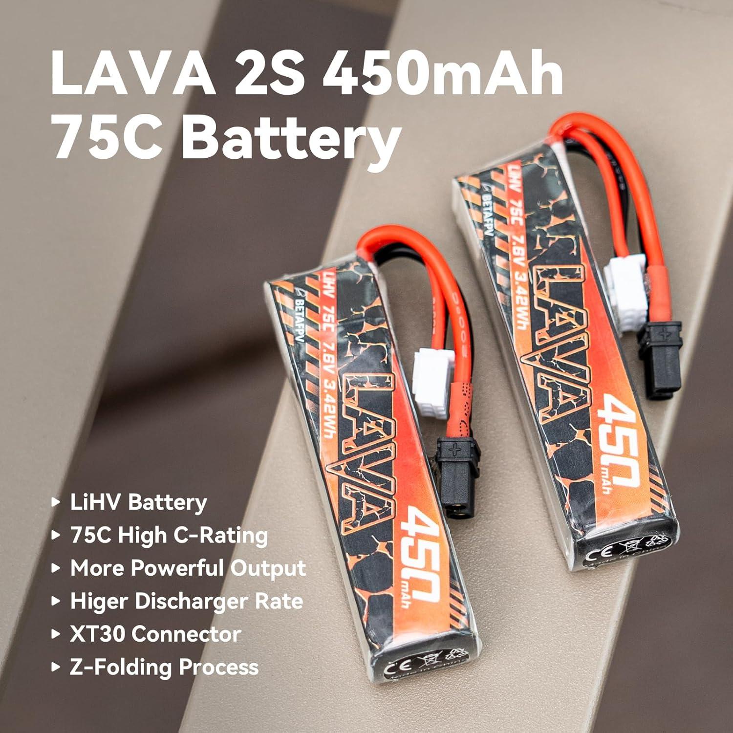 Batería Lipo 2S 450mAh 75C BETAFPV con Conector XT30 - 2 Pcs