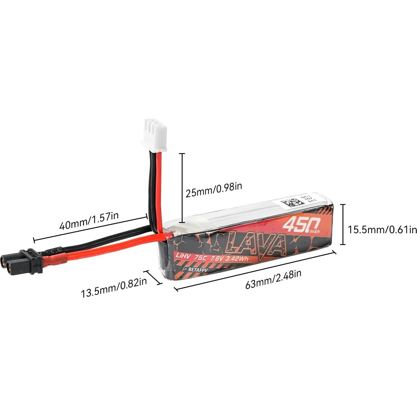 Batería Lipo 2S 450mAh 75C BETAFPV con Conector XT30 - 2 Pcs