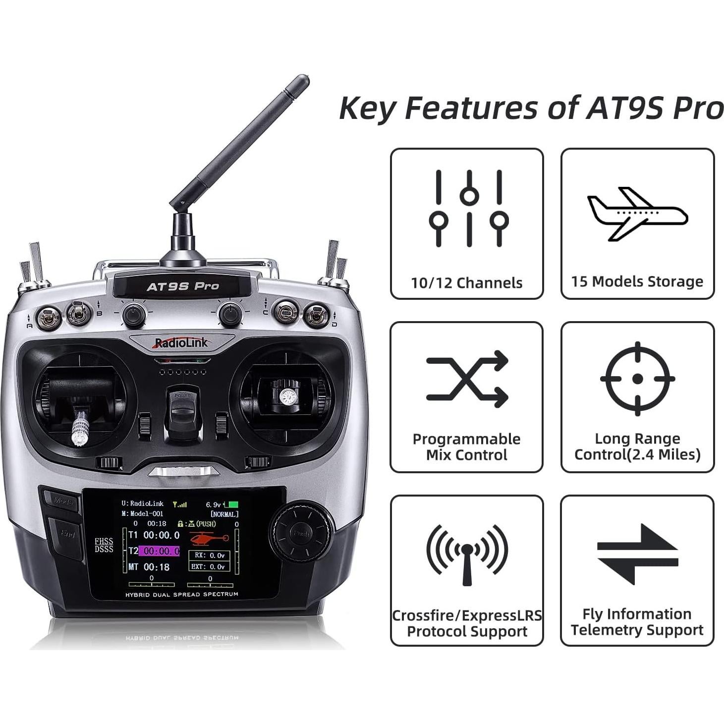 Transmisor y Receptor Radiolink AT9S Pro 10/12 Canales 3400m