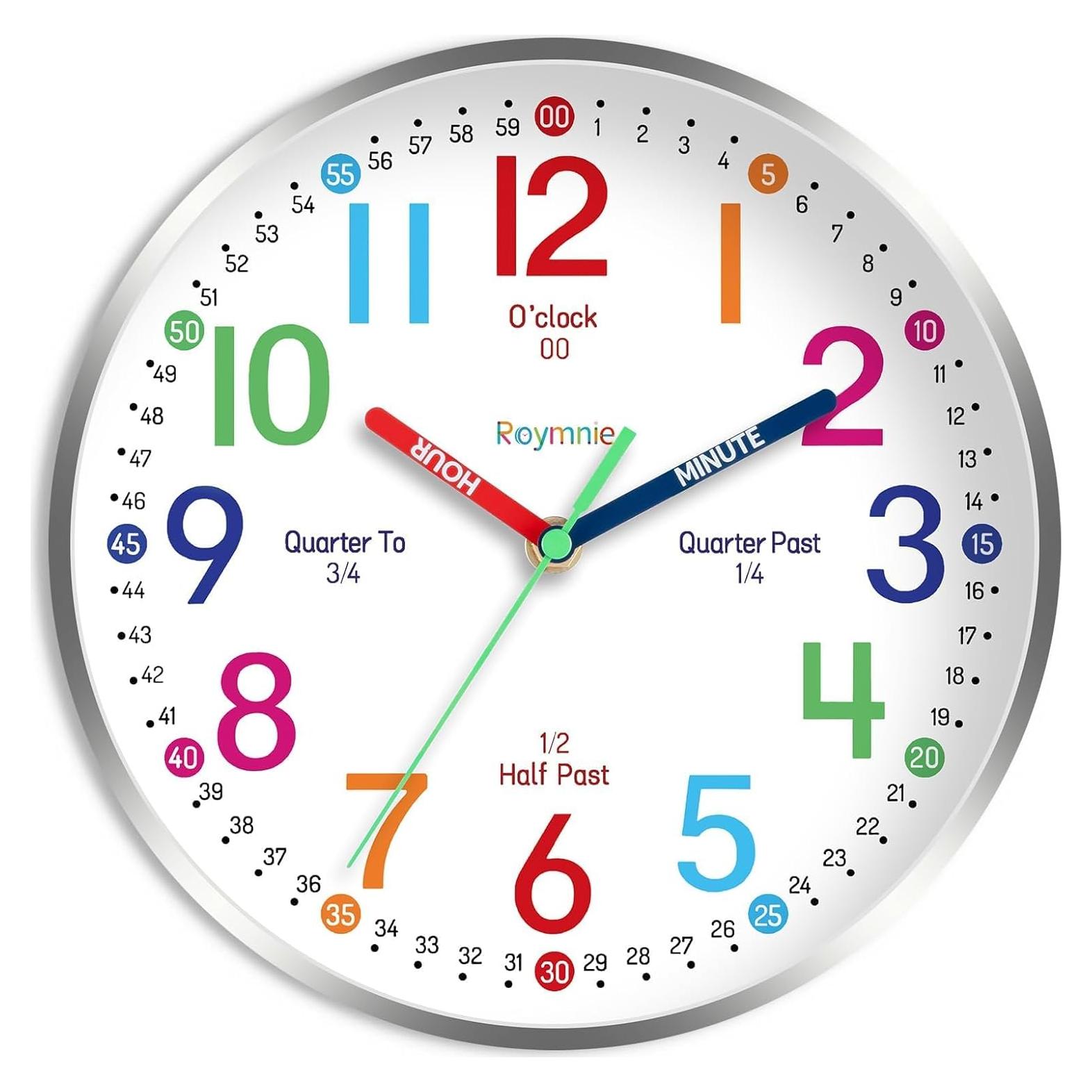 Reloj de Pared Silencioso Roymnie 20.32 cm Colorido para Niños