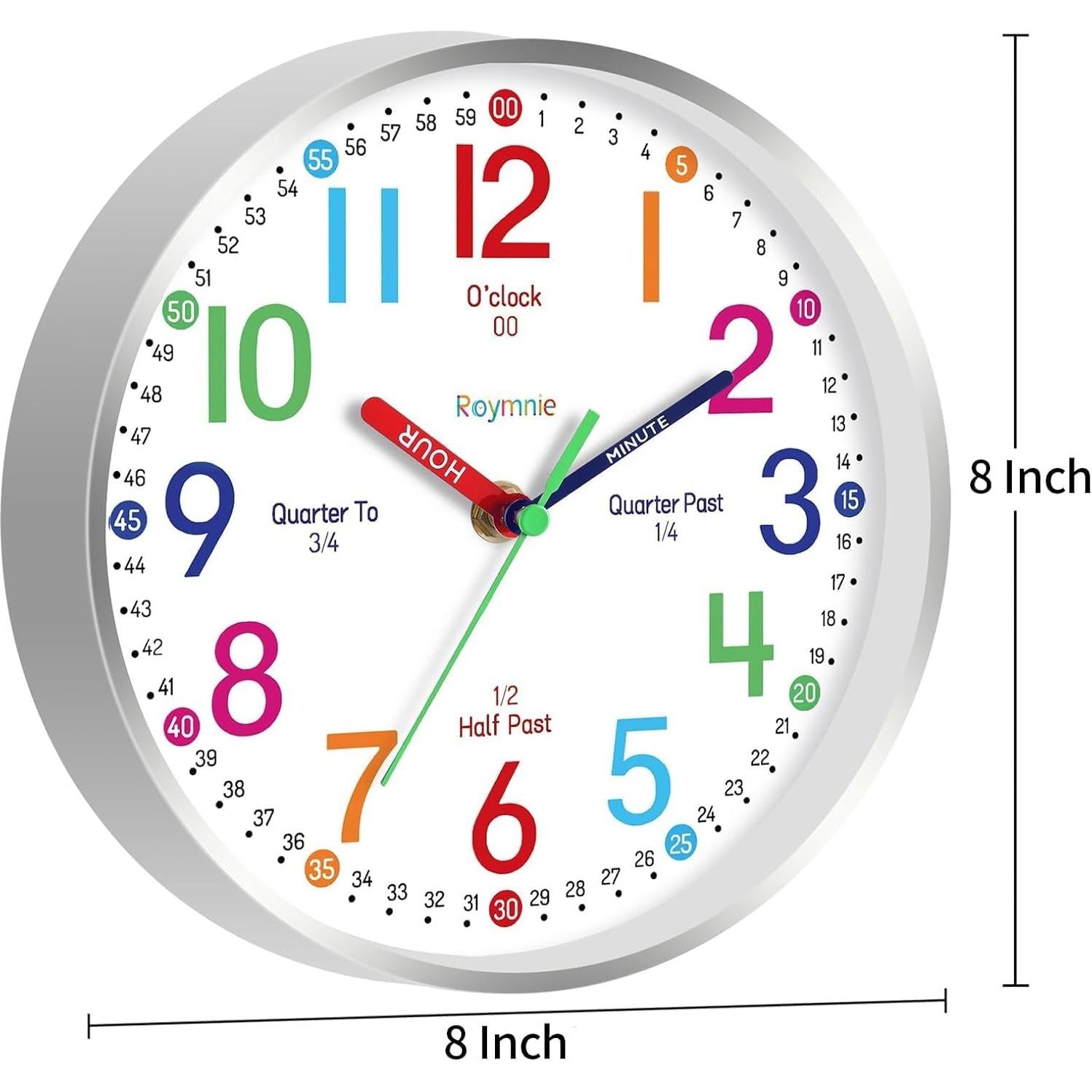 Reloj de Pared Silencioso Roymnie 20.32 cm Colorido para Niños
