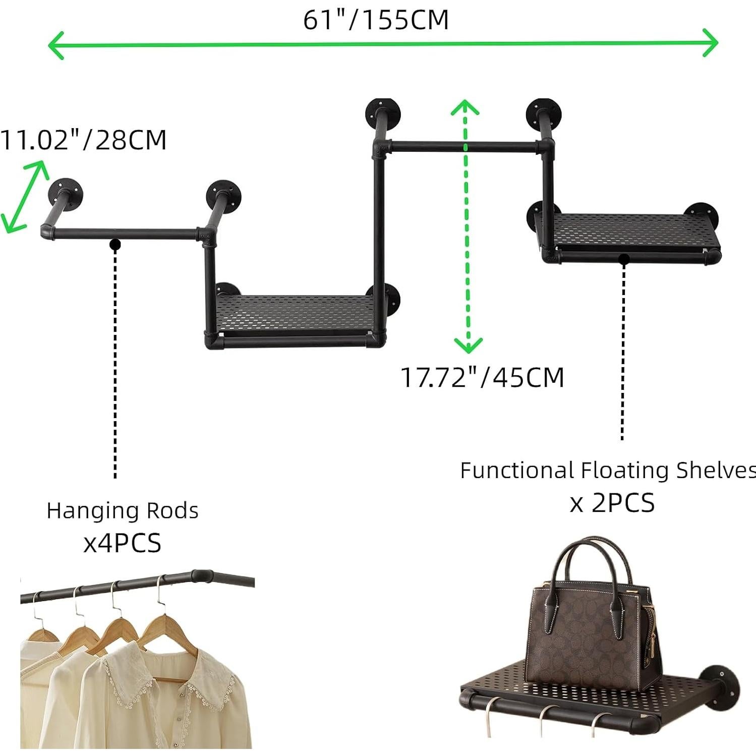 Perchero de Ropa DOFURNILIM Industrial Montado en Pared 2 Varillas