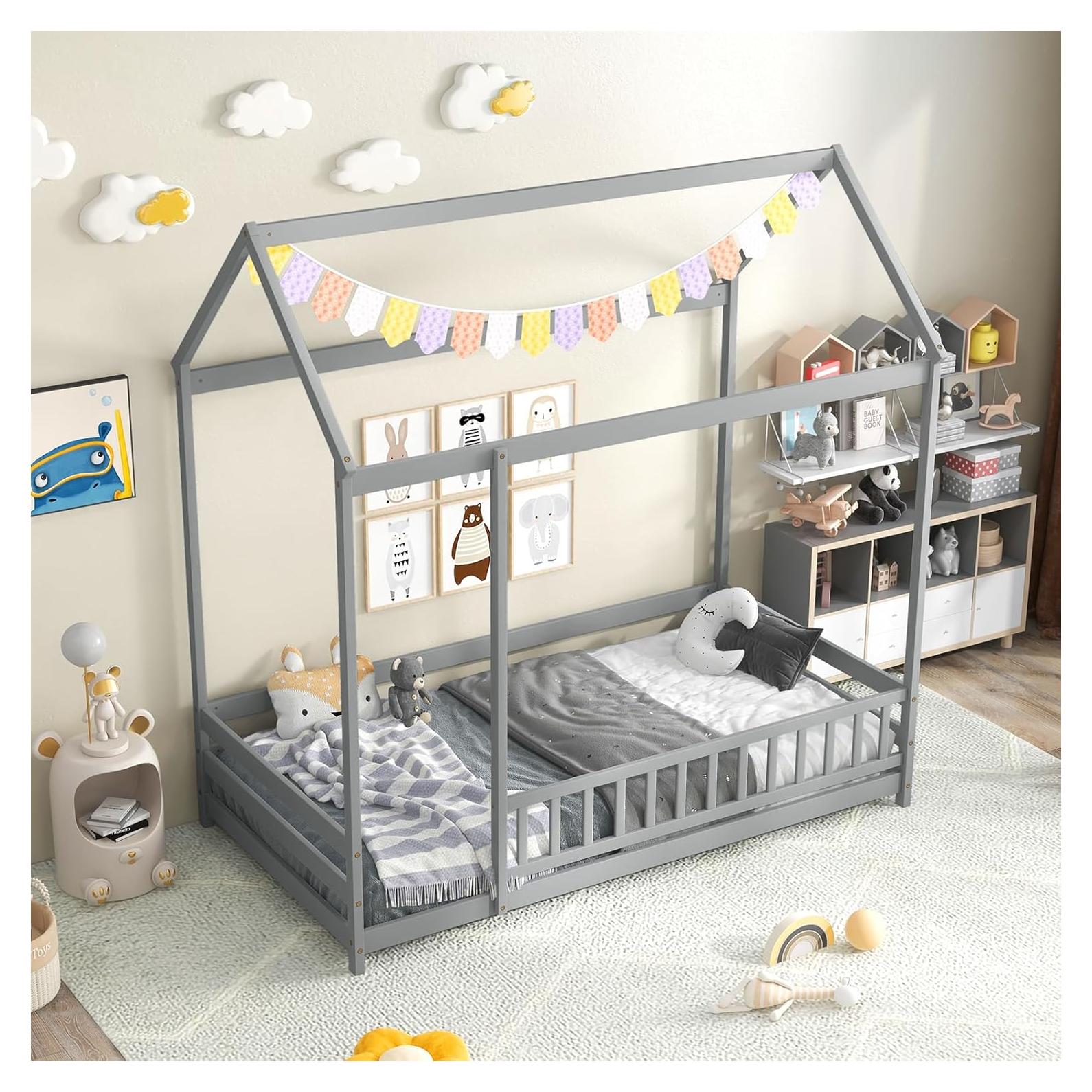 Cama Casa de Piso Twin KOMFOTT con Techo y Barandilla Gris