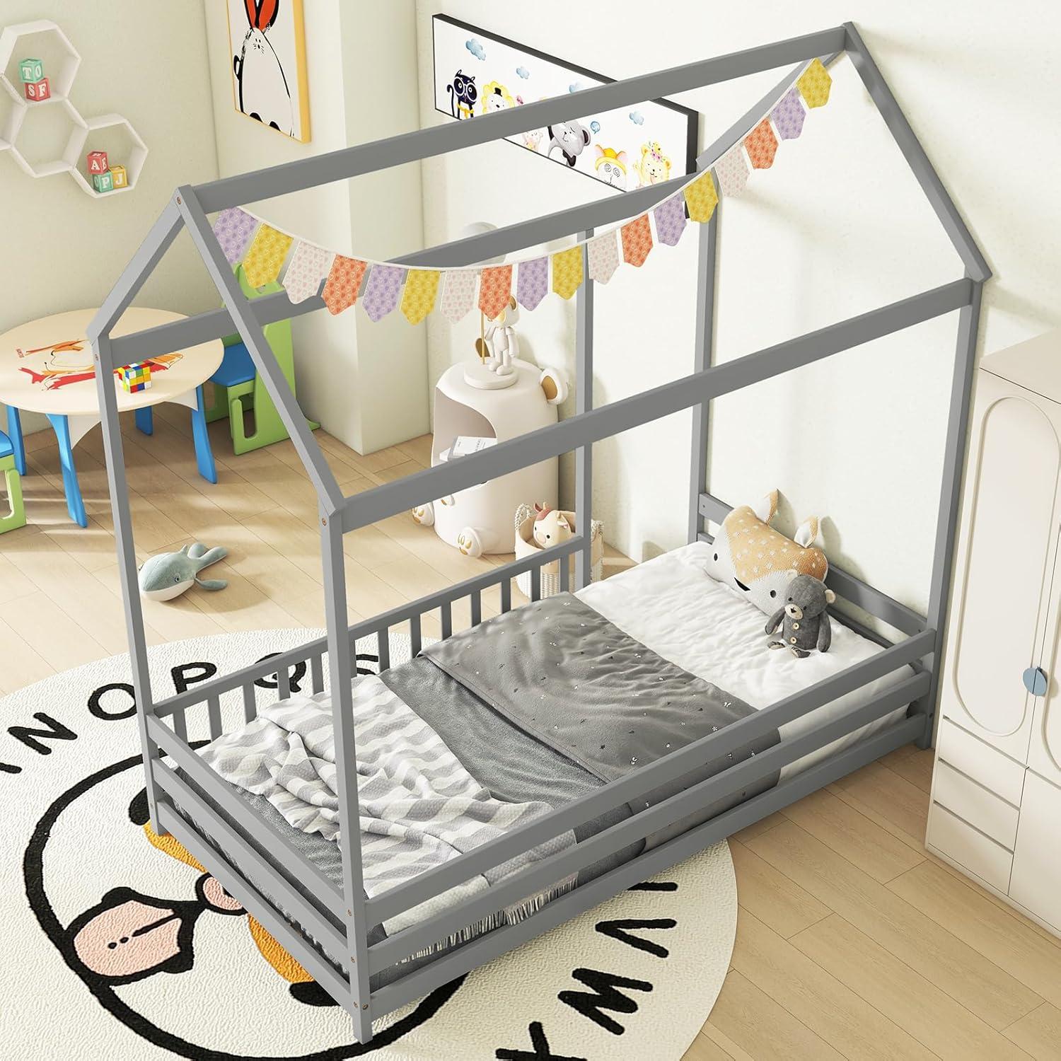 Cama Casa de Piso Twin KOMFOTT con Techo y Barandilla Gris