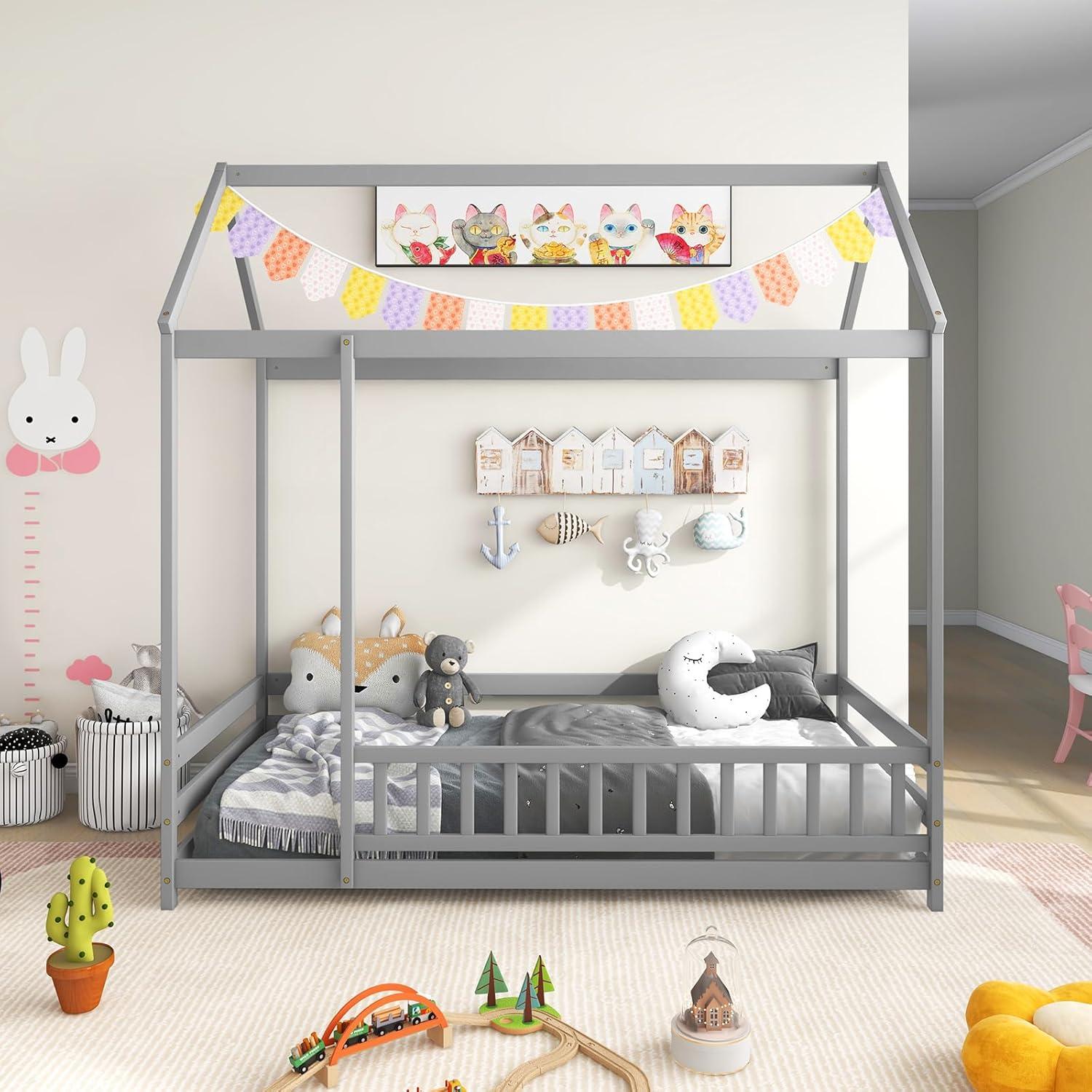 Cama Casa de Piso Twin KOMFOTT con Techo y Barandilla Gris