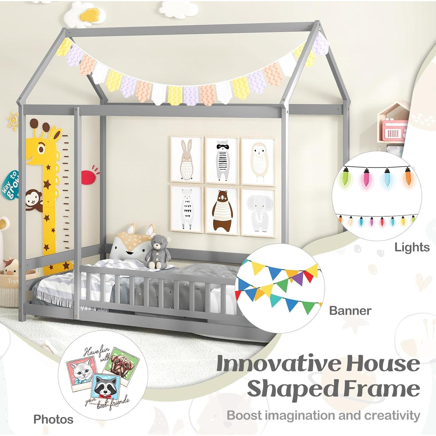 Cama Casa de Piso Twin KOMFOTT con Techo y Barandilla Gris