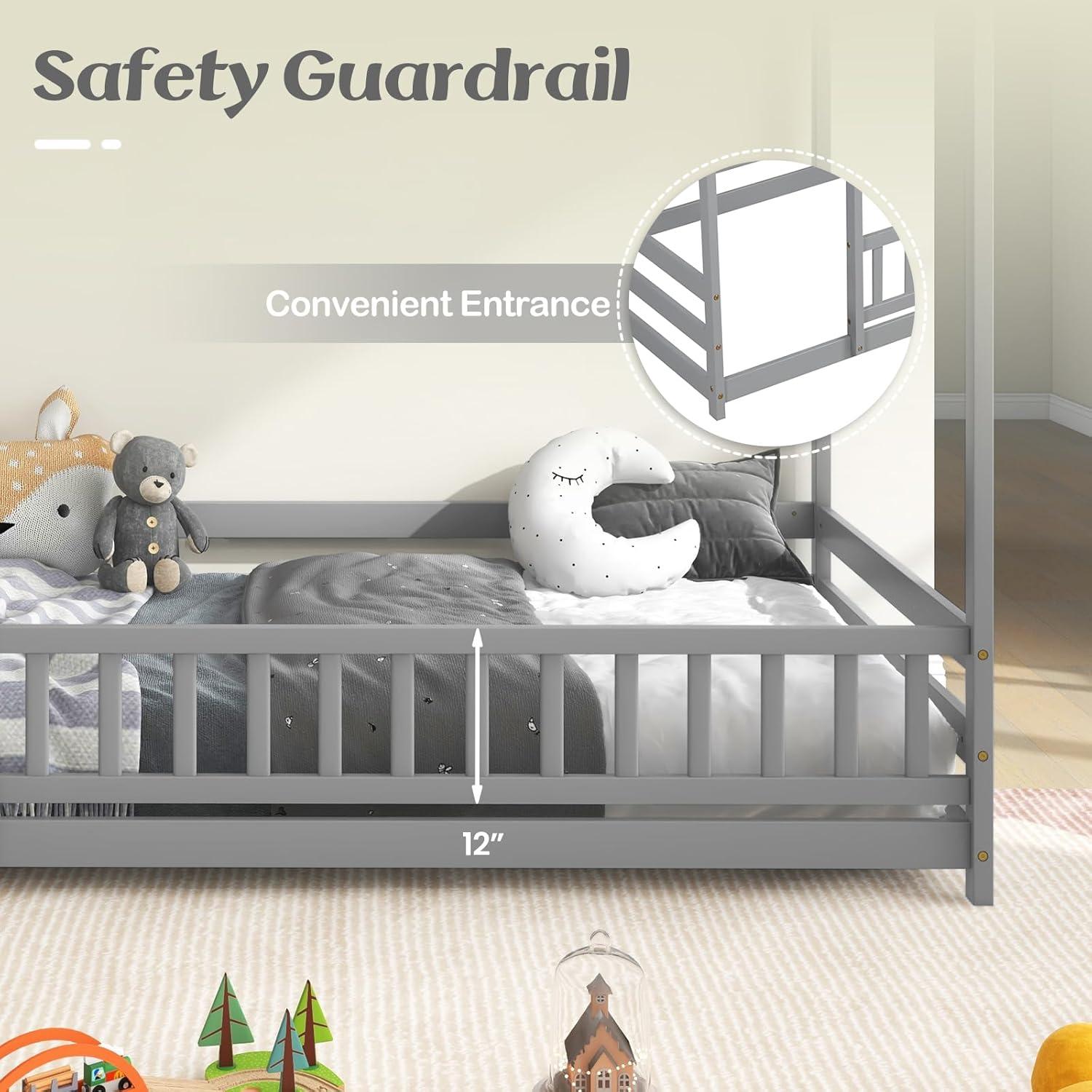 Cama Casa de Piso Twin KOMFOTT con Techo y Barandilla Gris