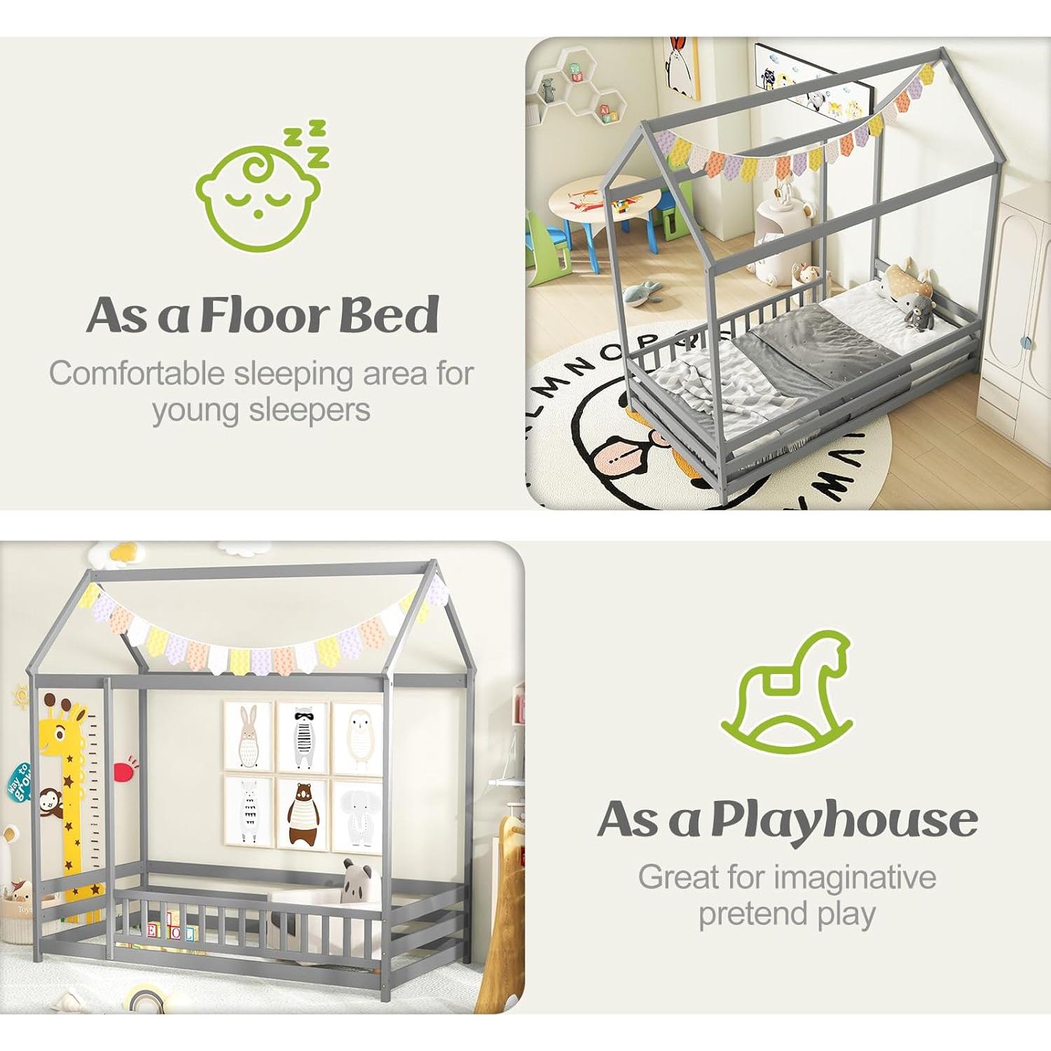 Cama Casa de Piso Twin KOMFOTT con Techo y Barandilla Gris