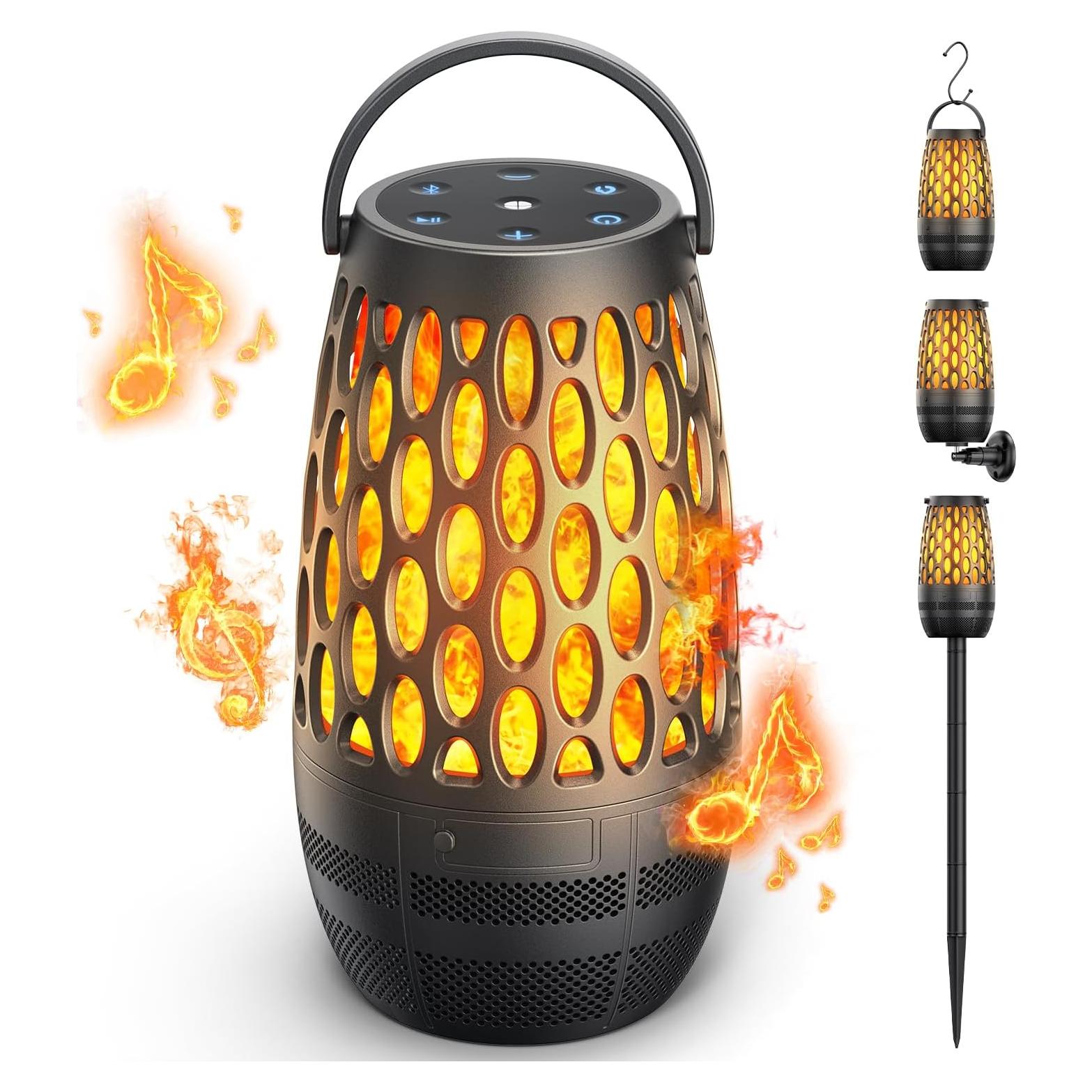 Outdoor Speakers Bluetooth Waterproof IPX6 with Flame Lights, Gadget Gifts for Dad, Hd Stereo Sound, BT 5.3 Multi-Sync to 100 Speakers, Portable Wireless Speaker for Patio Cafe Decor Party -1Pack