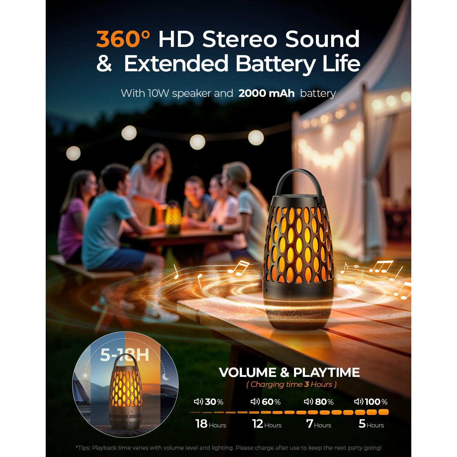 Outdoor Speakers Bluetooth Waterproof IPX6 with Flame Lights, Gadget Gifts for Dad, Hd Stereo Sound, BT 5.3 Multi-Sync to 100 Speakers, Portable Wireless Speaker for Patio Cafe Decor Party -1Pack