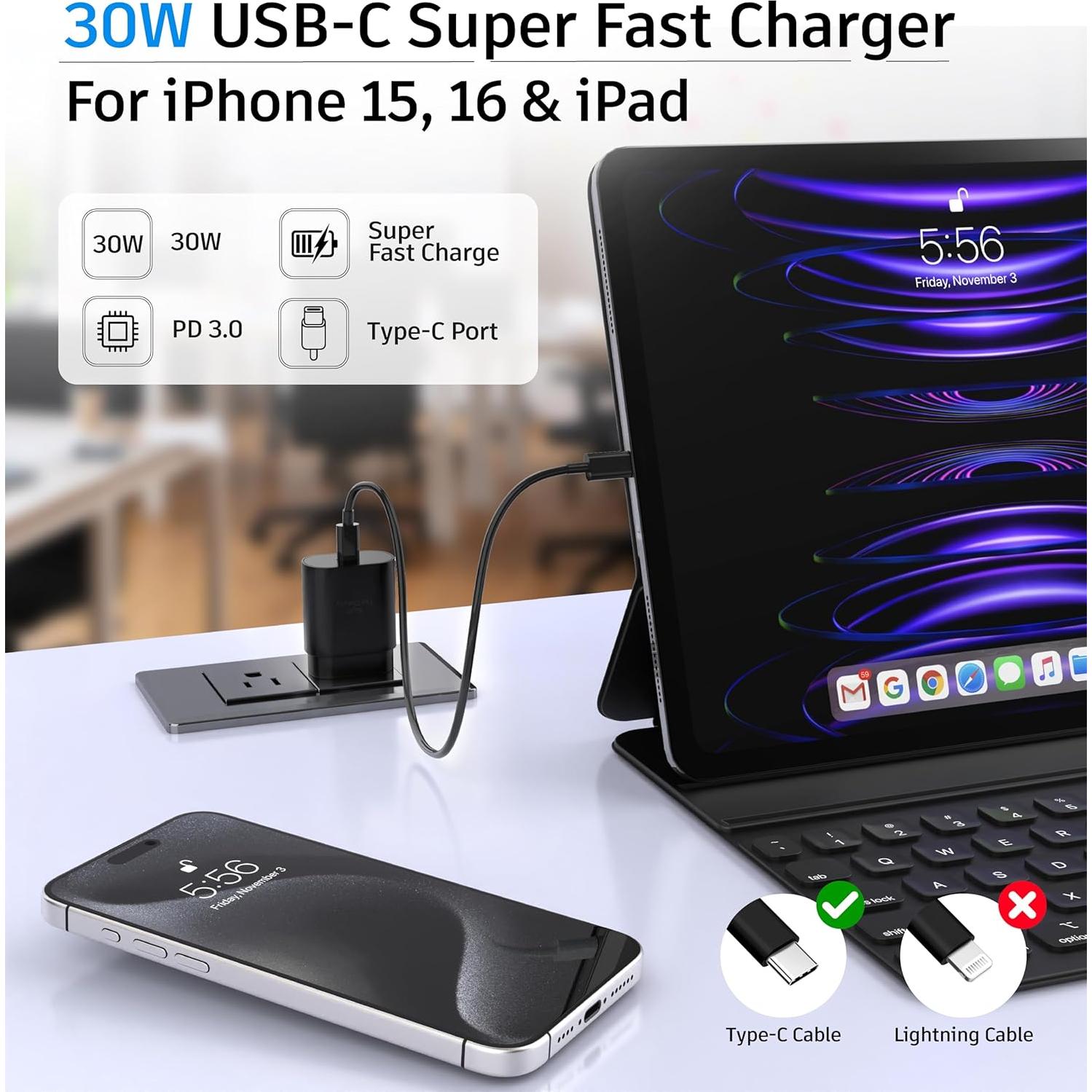 Cargador USB-C 30W Rápido con 2 Cables 2m para iPhone y iPad
