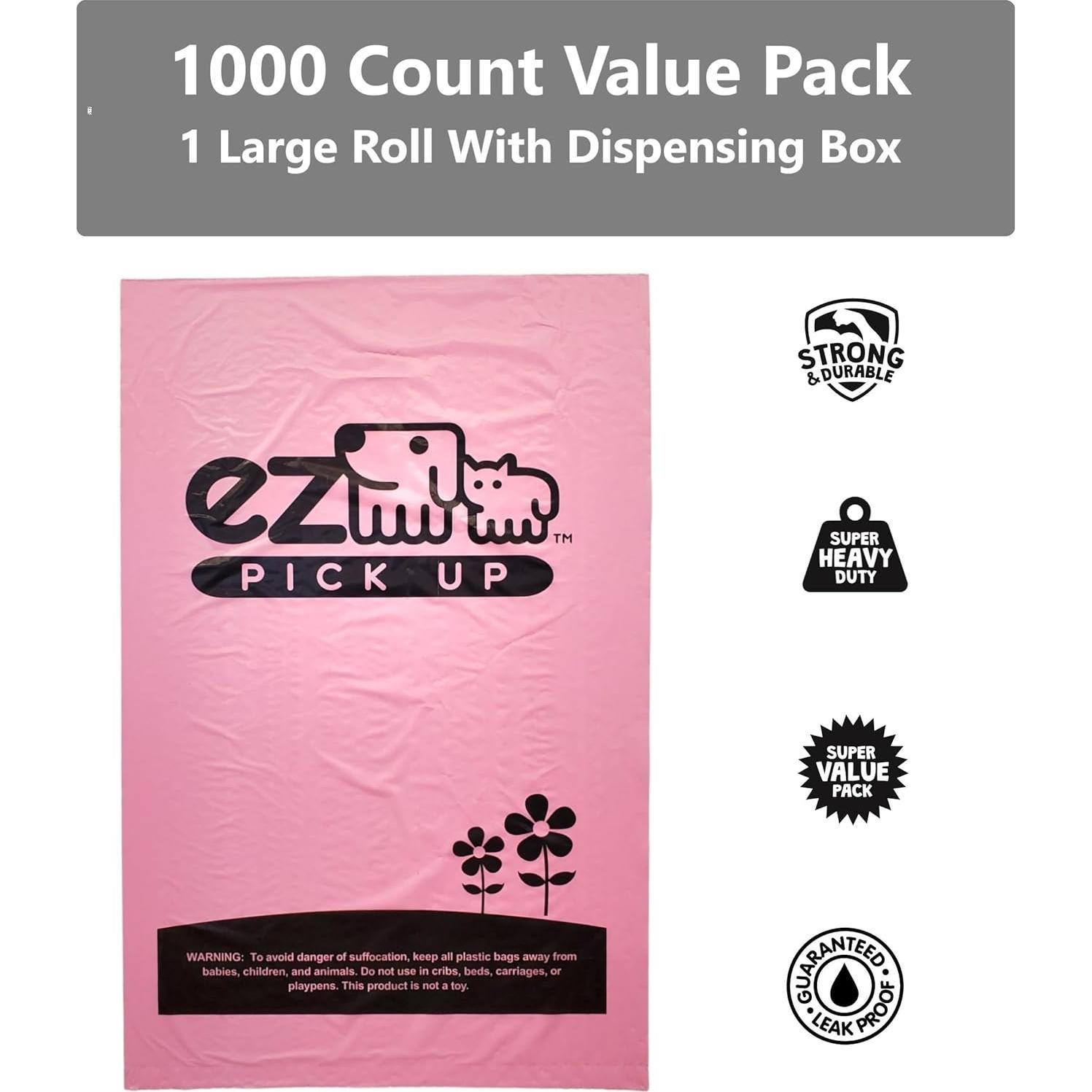 1000 Bolsas de Desechos de Mascotas EZ PICK UP Rosa 20.3x33cm