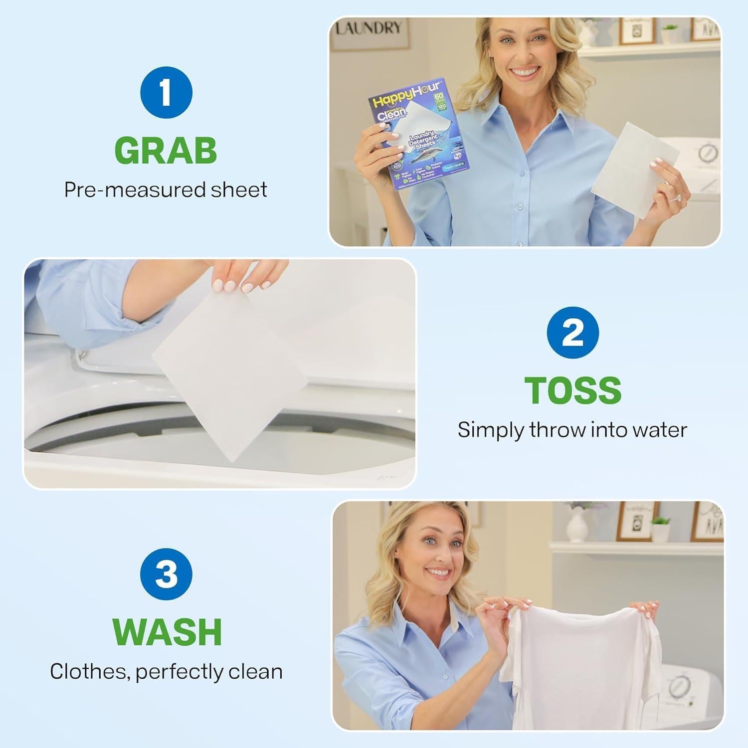 Hoja de Detergente para Ropa Happy Hour - 70 Lavados, Ecológico, Hipoalergénico