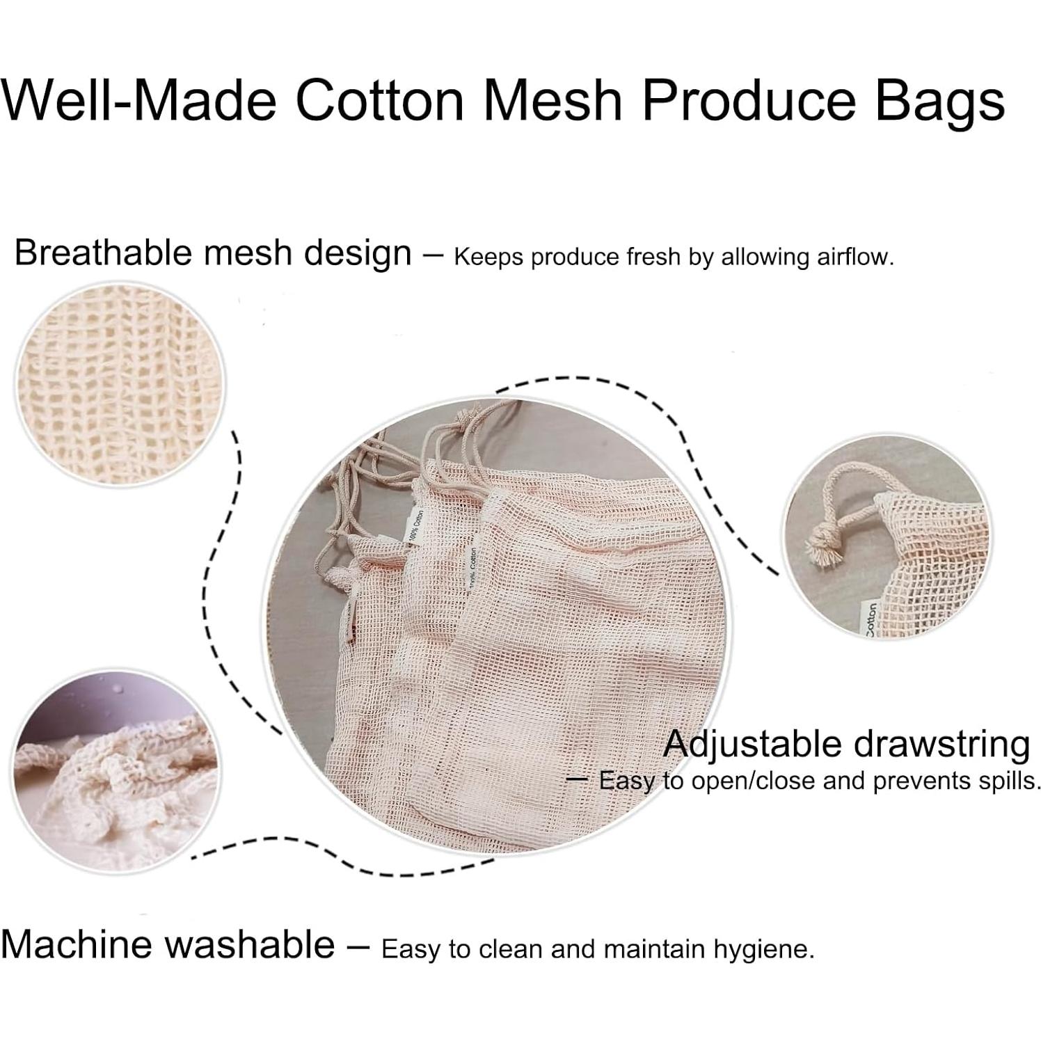 Bolsas de Malla de Algodón Orgánico Reutilizables 6p - JEYILKIT