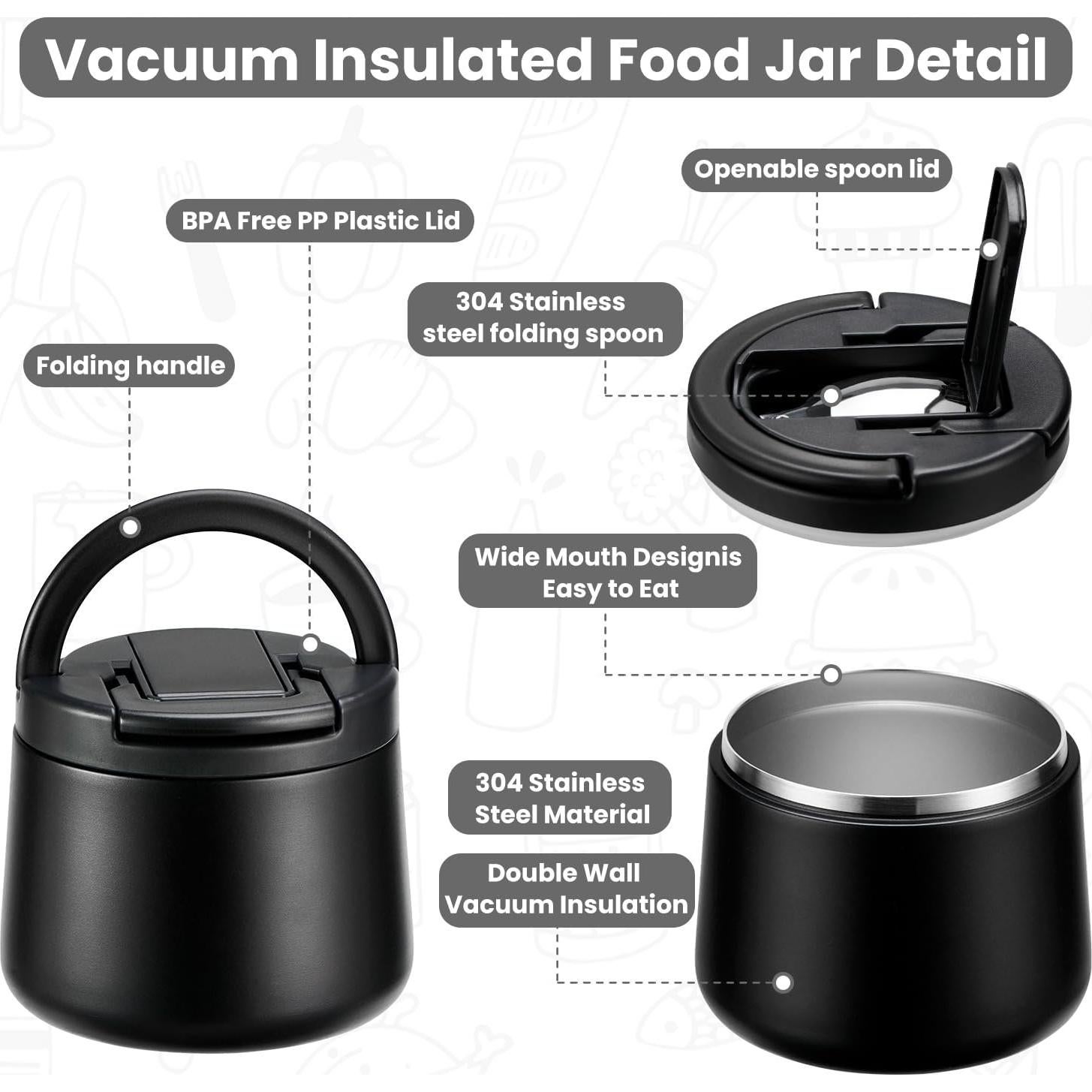 Tarro de Comida Aislado Howeemo 14oz Acero Inoxidable Negro