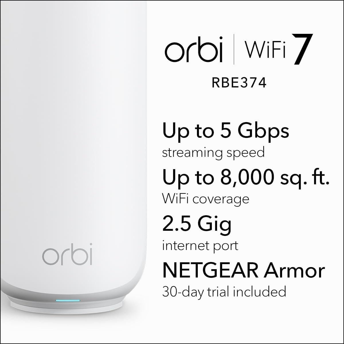 Sistema de Red Mesh WiFi 7 NETGEAR Orbi 370 RBE374 - Doble Banda, 5 Gbps, 7432 m²
