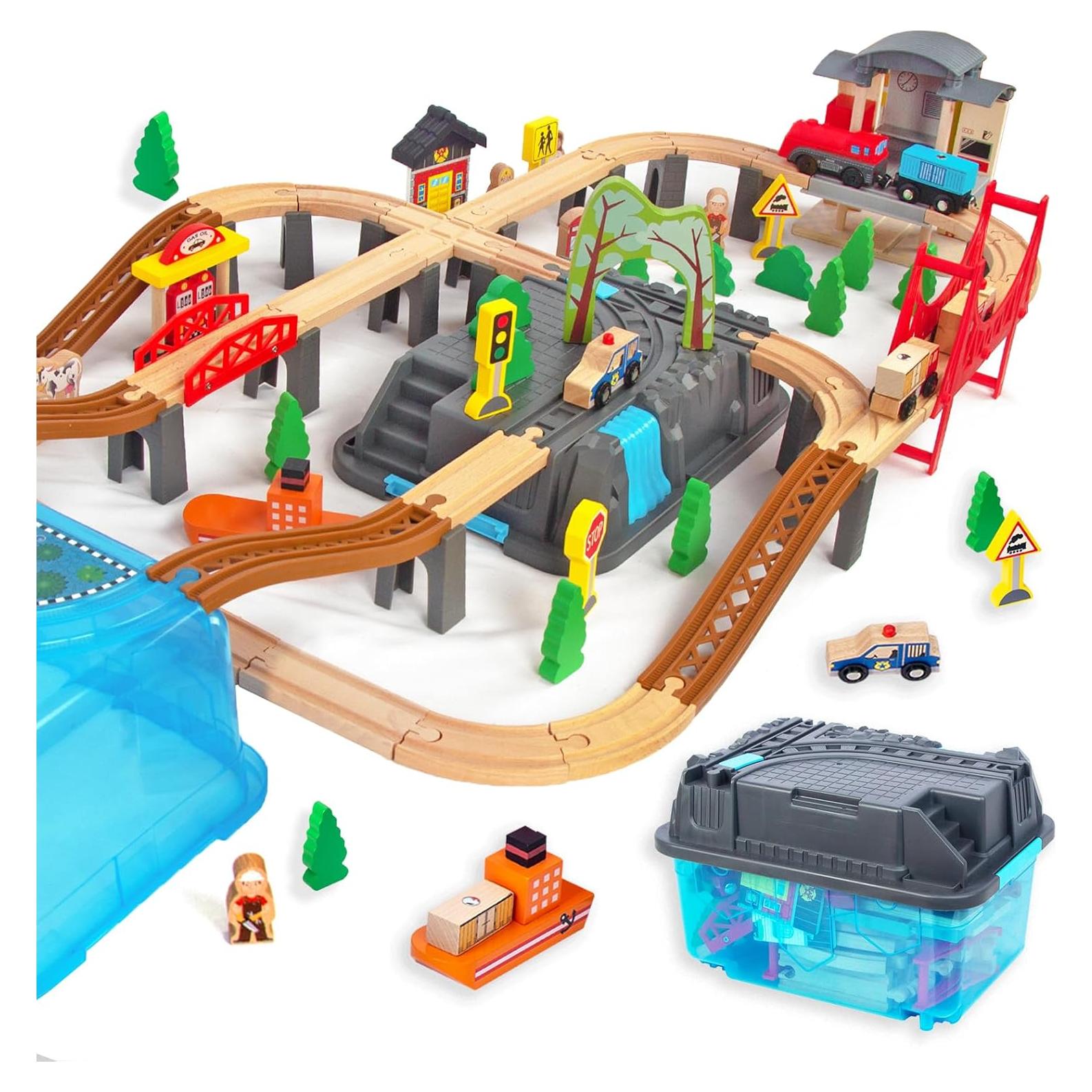 Juego de Tren de Madera 100 Piezas WoodenEdu para Niños 3-8 Años