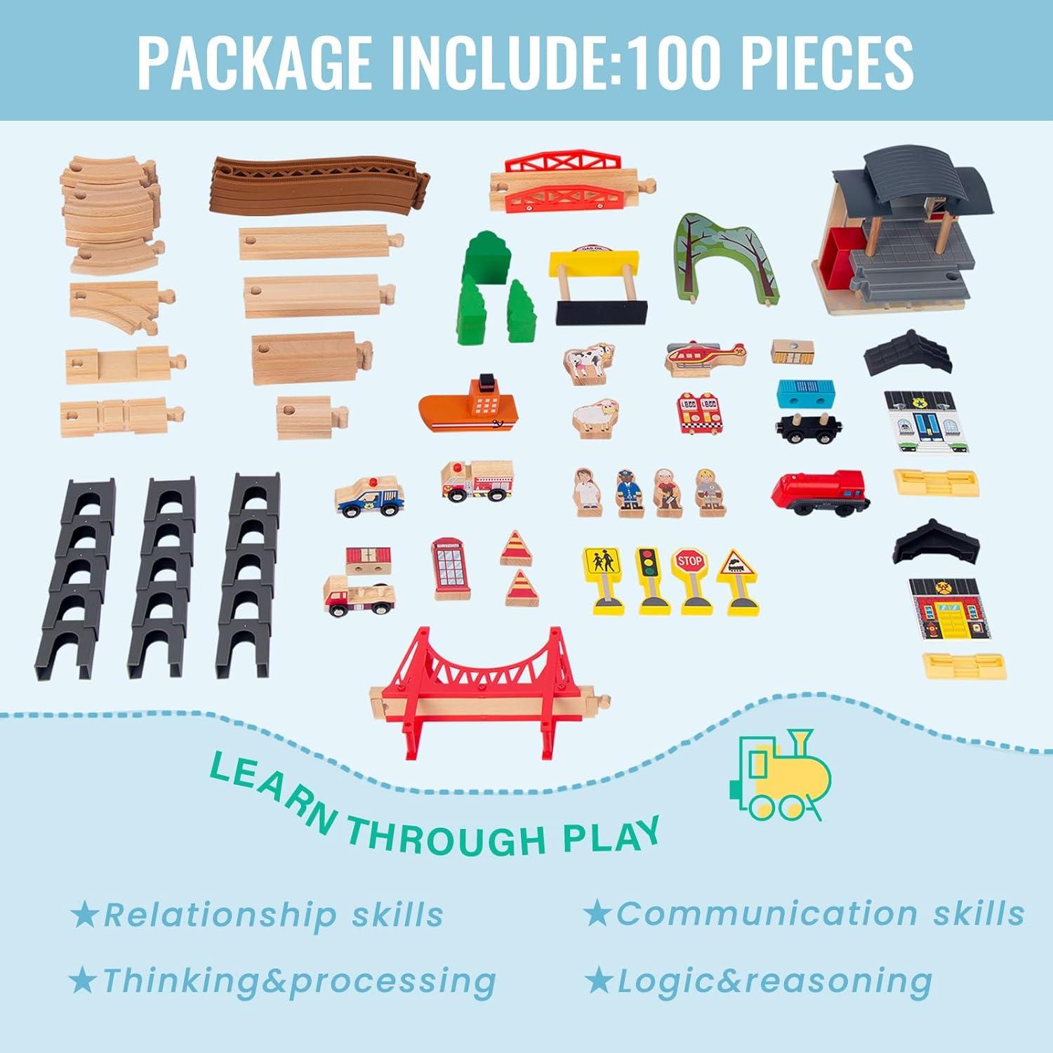 Juego de Tren de Madera 100 Piezas WoodenEdu para Niños 3-8 Años