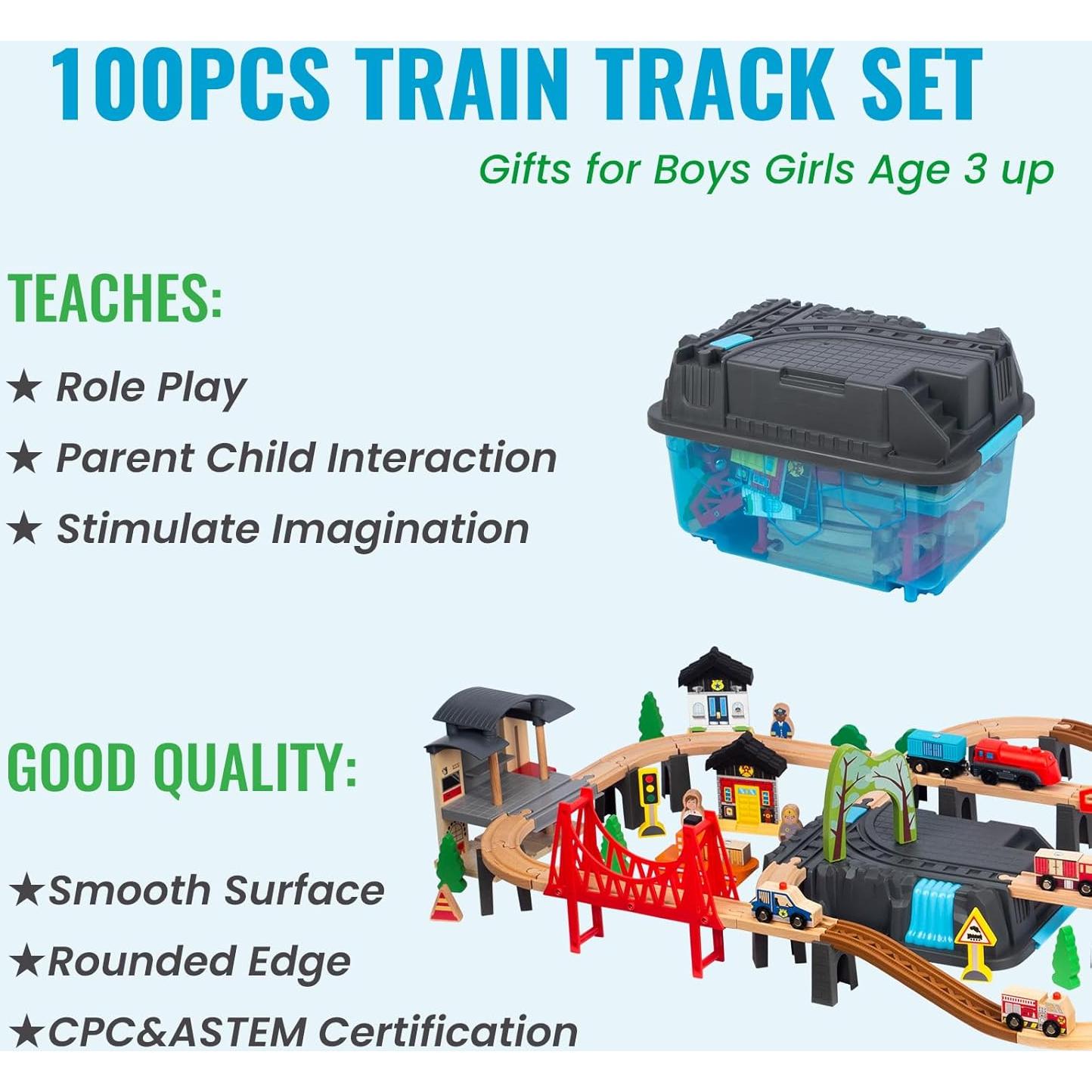 Juego de Tren de Madera 100 Piezas WoodenEdu para Niños 3-8 Años