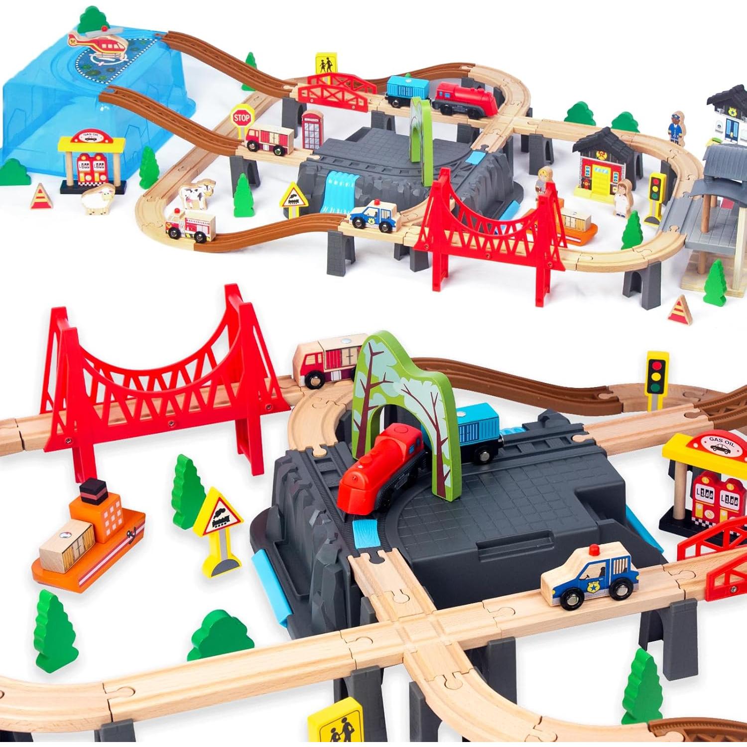 Juego de Tren de Madera 100 Piezas WoodenEdu para Niños 3-8 Años