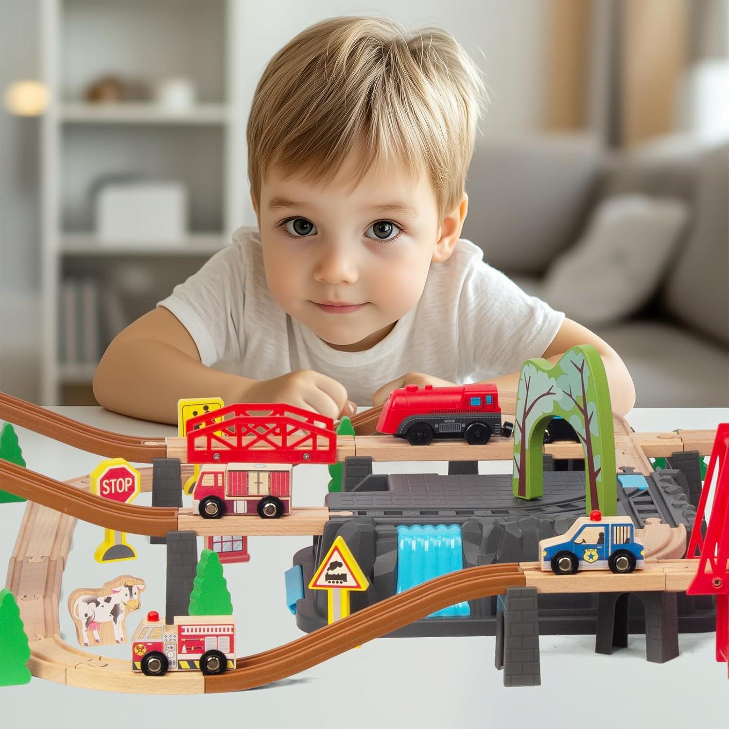 Juego de Tren de Madera 100 Piezas WoodenEdu para Niños 3-8 Años