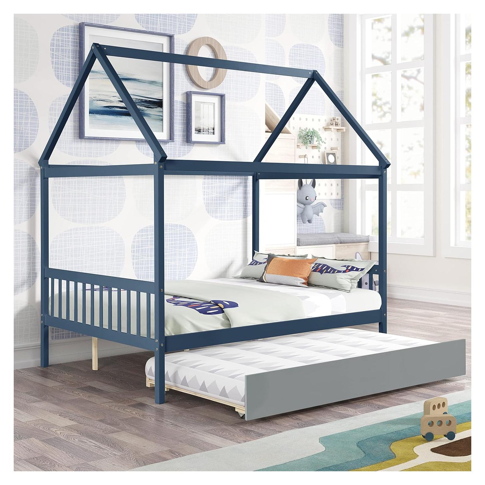 Bellemave Full Size House Bed with Trundle, Playhouse Bed, Wooden Montessori Beds with Roof for Kids, Blue
