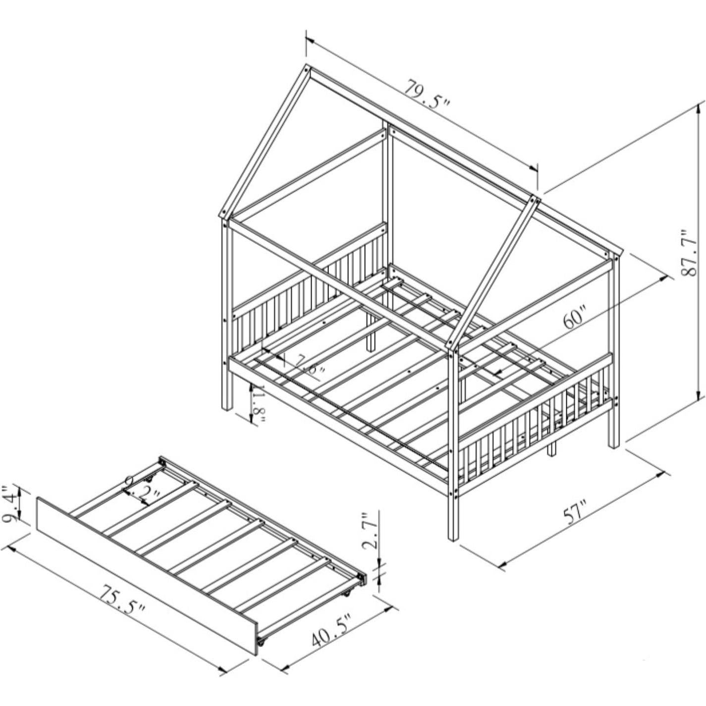 Bellemave Full Size House Bed with Trundle, Playhouse Bed, Wooden Montessori Beds with Roof for Kids, Blue