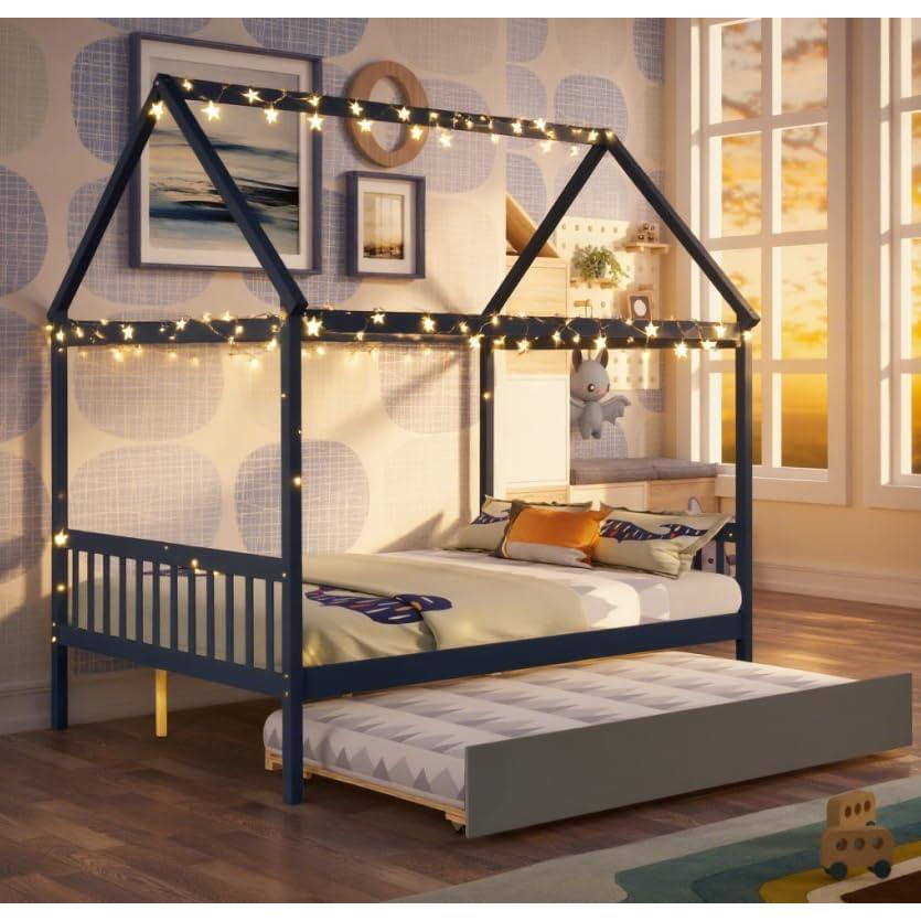 Bellemave Full Size House Bed with Trundle, Playhouse Bed, Wooden Montessori Beds with Roof for Kids, Blue
