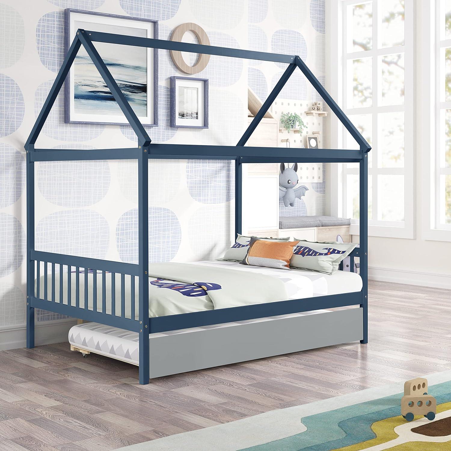 Bellemave Full Size House Bed with Trundle, Playhouse Bed, Wooden Montessori Beds with Roof for Kids, Blue