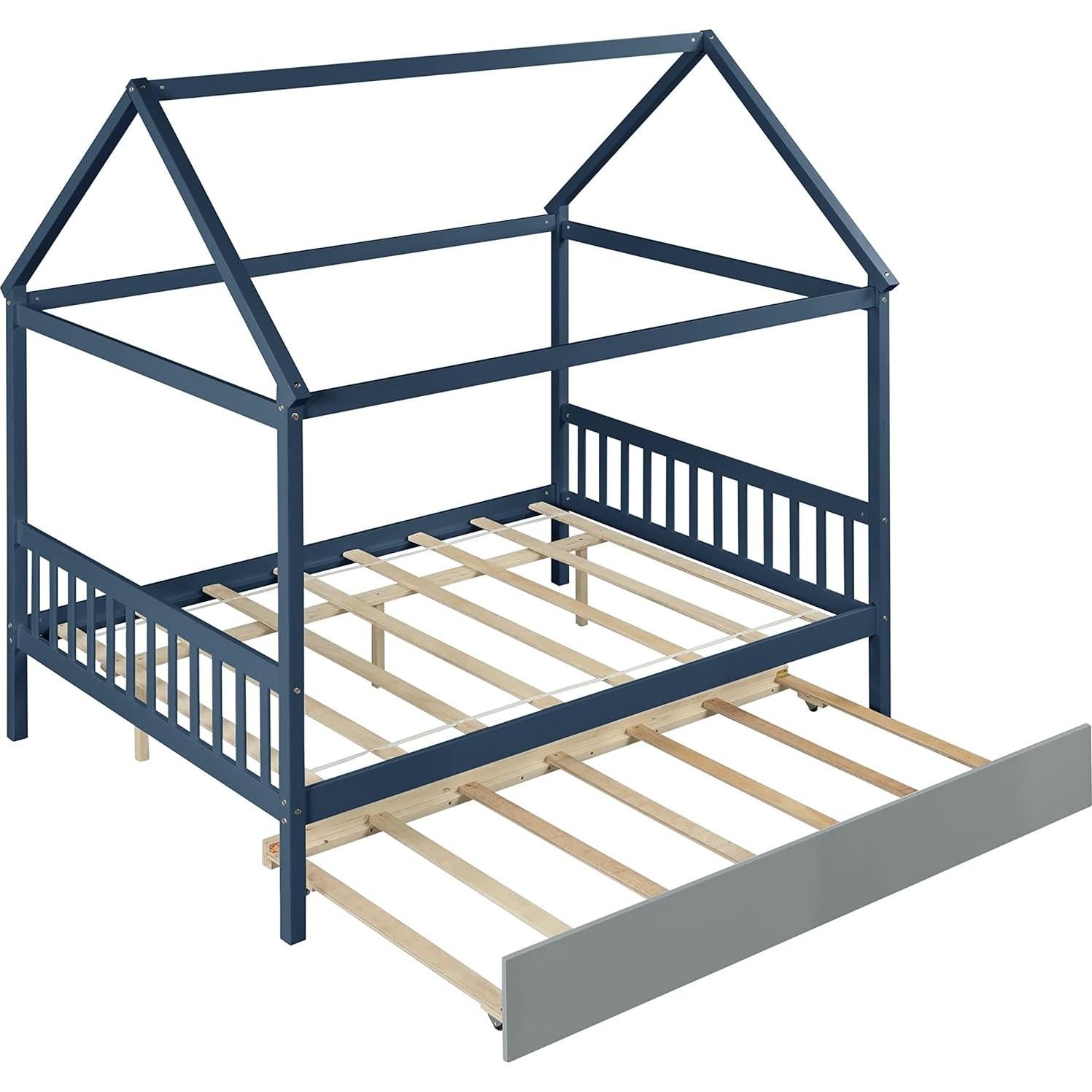 Bellemave Full Size House Bed with Trundle, Playhouse Bed, Wooden Montessori Beds with Roof for Kids, Blue