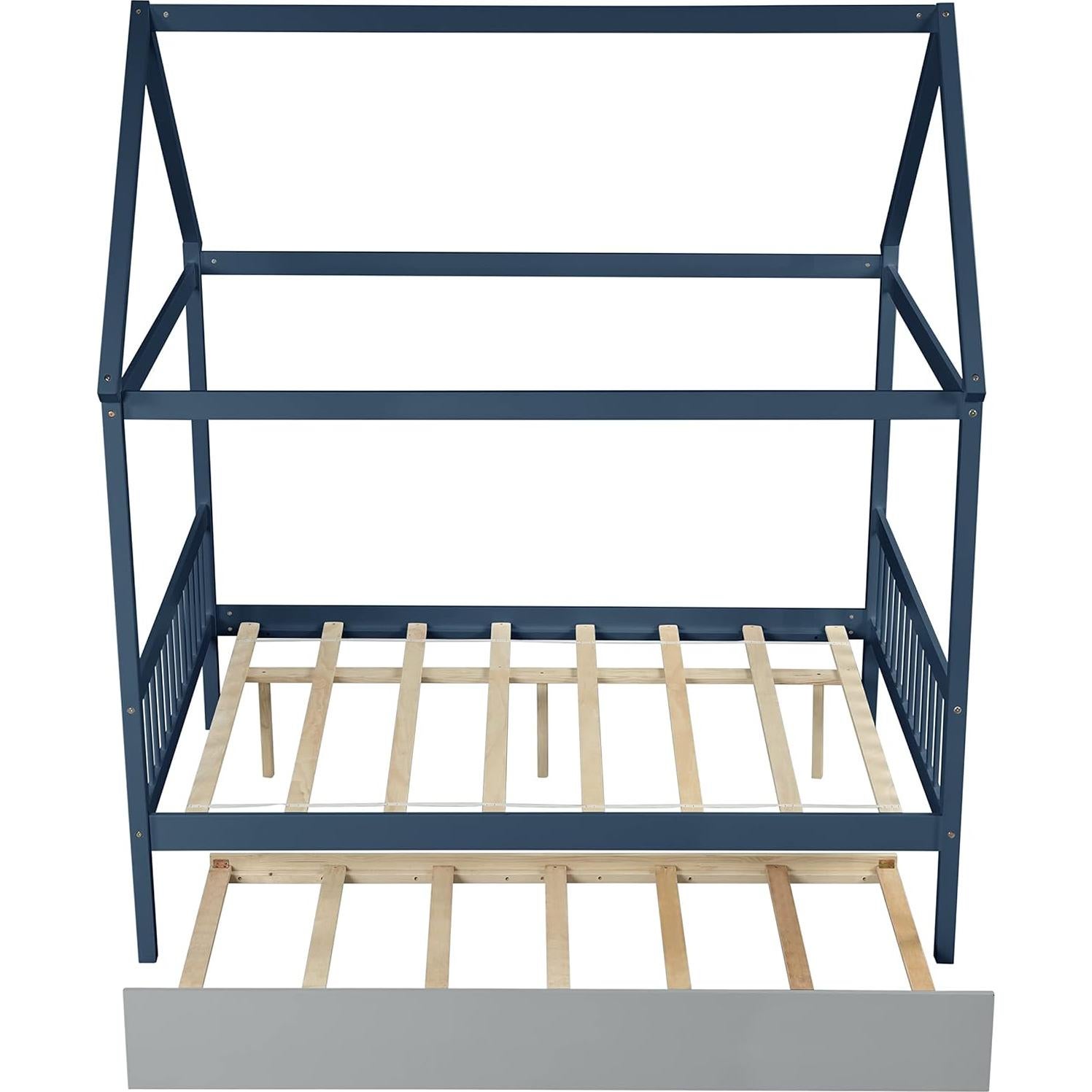 Bellemave Full Size House Bed with Trundle, Playhouse Bed, Wooden Montessori Beds with Roof for Kids, Blue