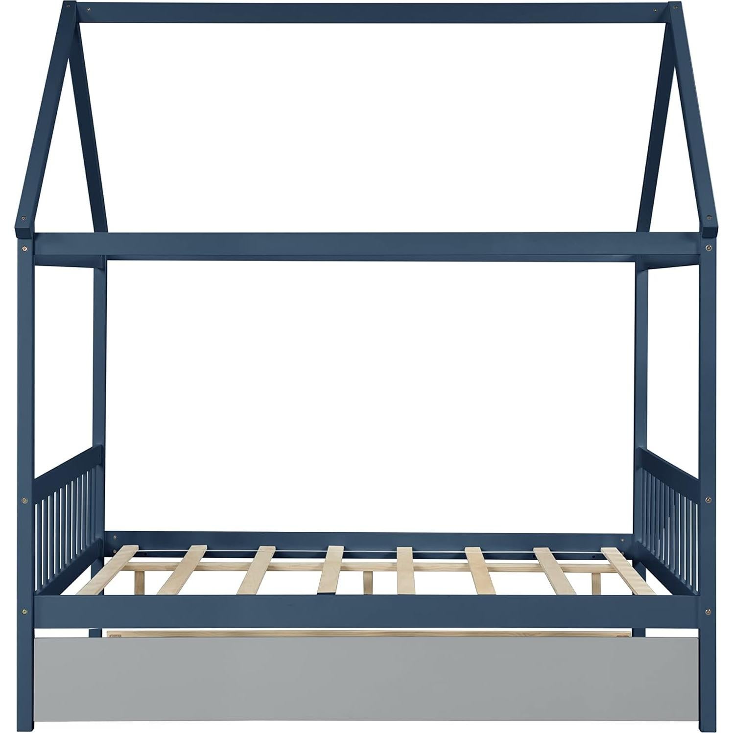 Bellemave Full Size House Bed with Trundle, Playhouse Bed, Wooden Montessori Beds with Roof for Kids, Blue