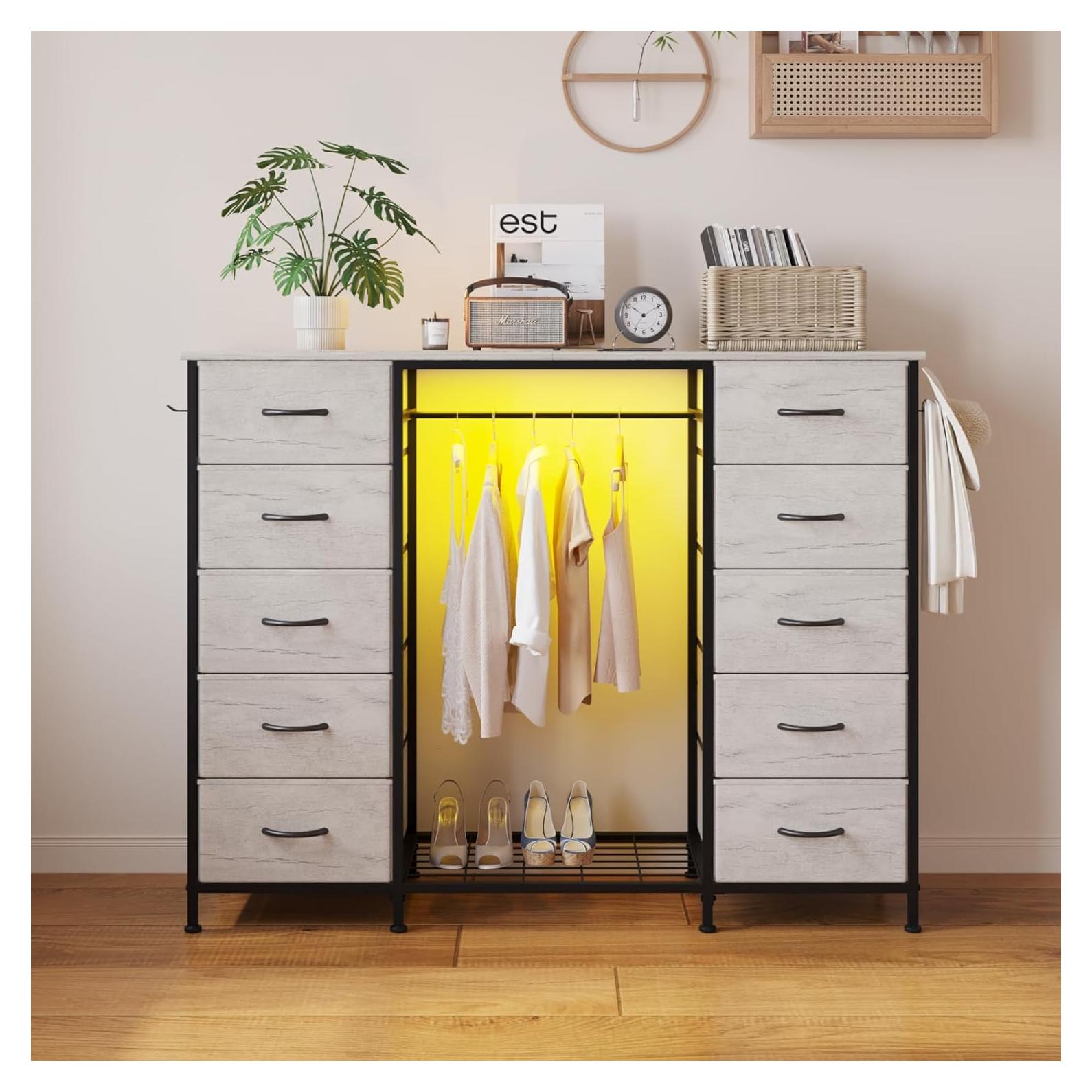 Tocador LUMTOK 10 Cajones con Perchero y Luces LED Gris