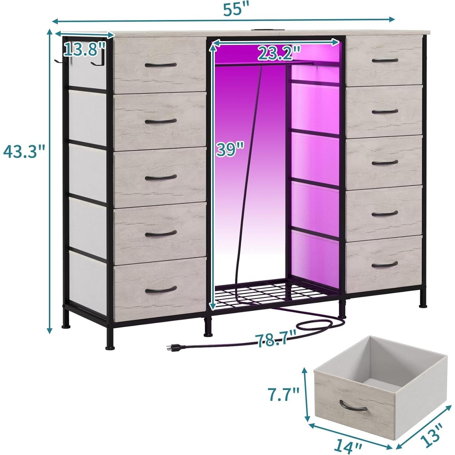 Tocador LUMTOK 10 Cajones con Perchero y Luces LED Gris