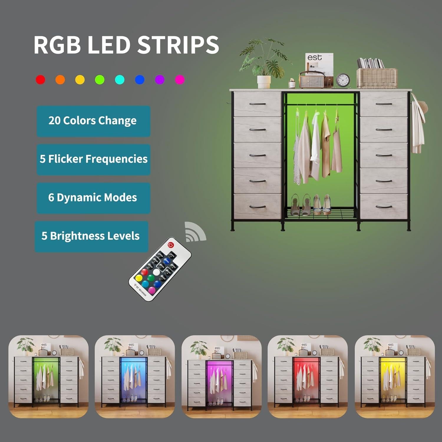 Tocador LUMTOK 10 Cajones con Perchero y Luces LED Gris