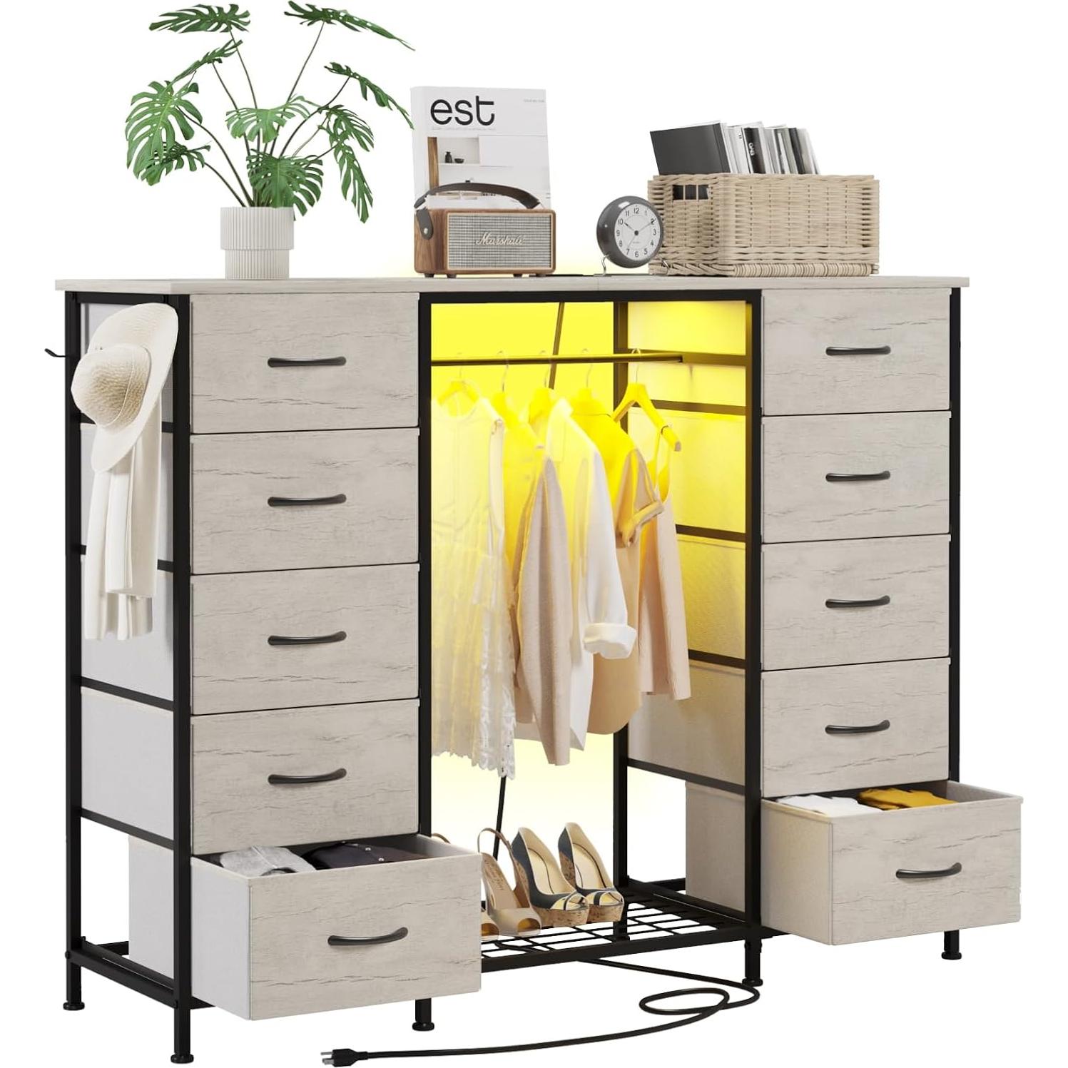 Tocador LUMTOK 10 Cajones con Perchero y Luces LED Gris