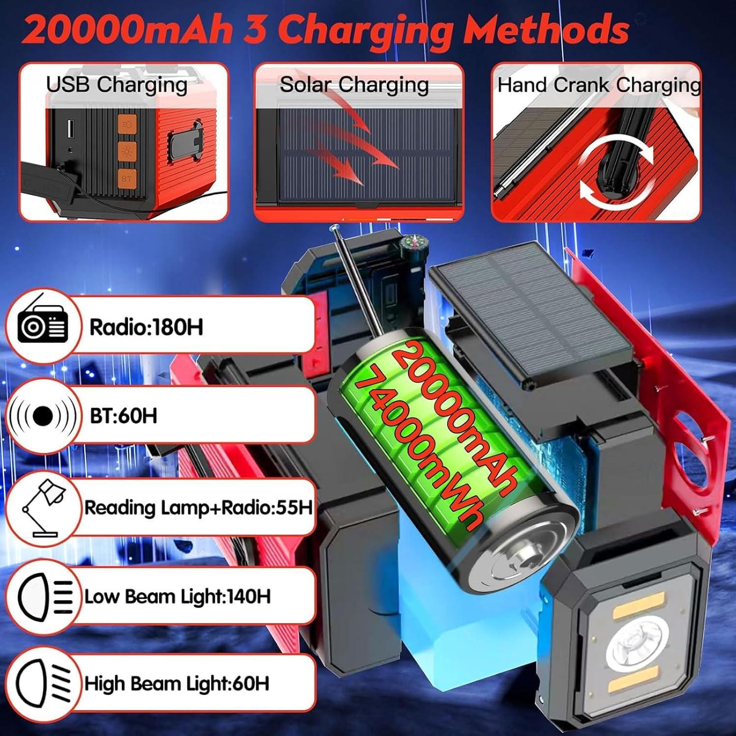 Radio de Emergencia Solar 20000mAh AM/FM NOAA - Linterna y Cargador