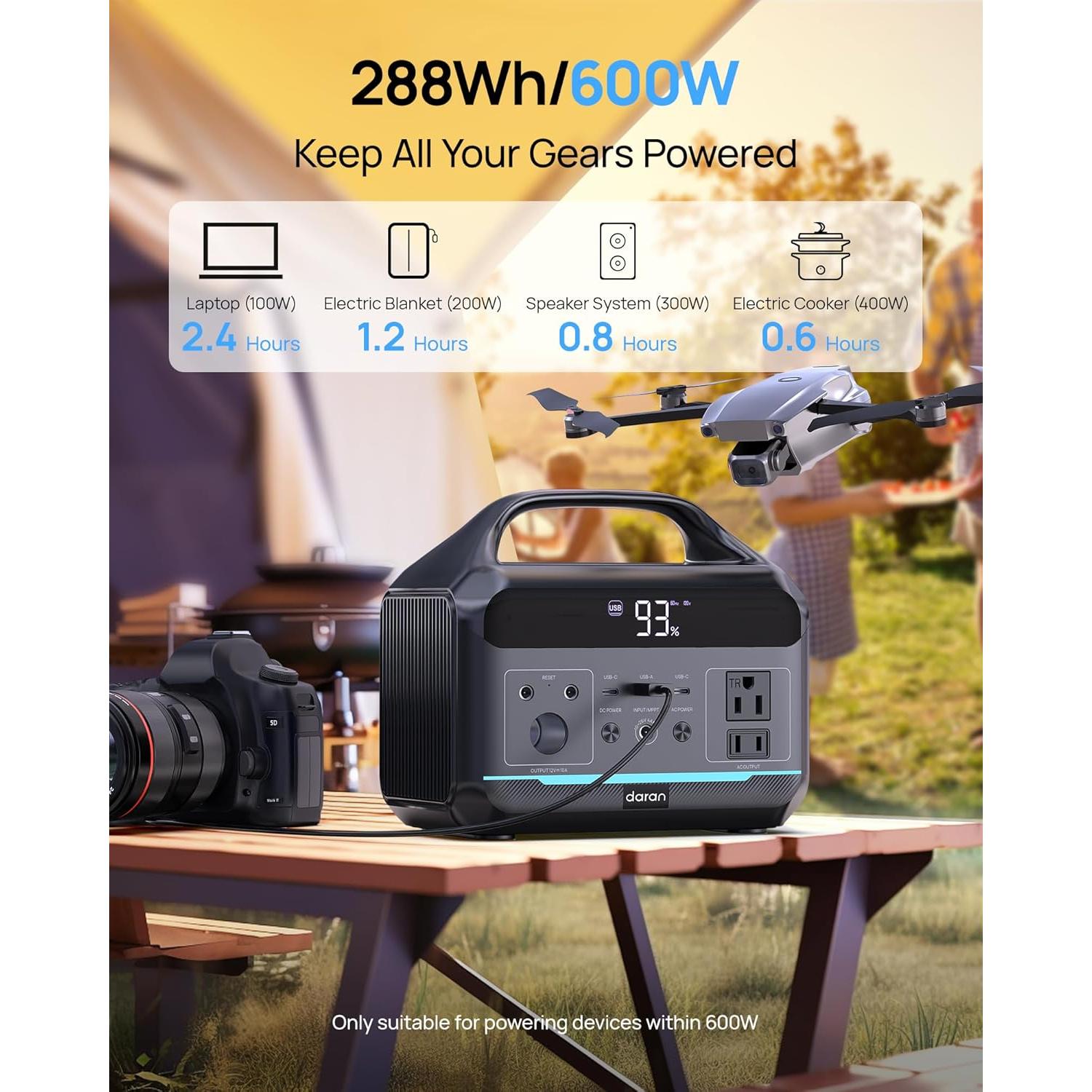Estación de Energía Portátil Daran 600W 288Wh para Camping