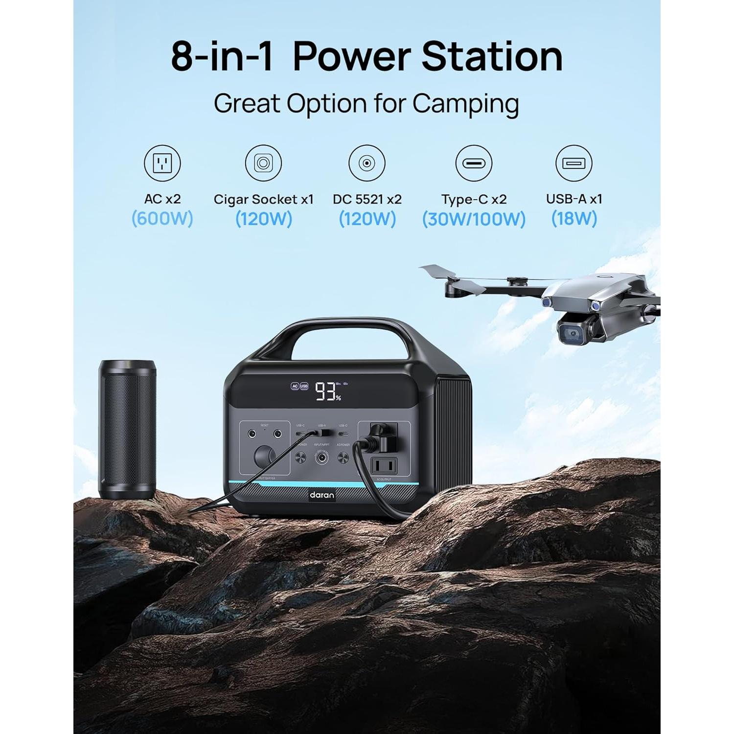 Estación de Energía Portátil Daran 600W 288Wh para Camping