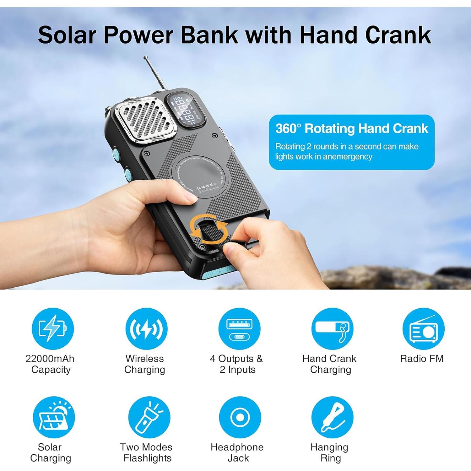 Radio de Emergencia Solar 22000mAh con Cargador Rápido 20W