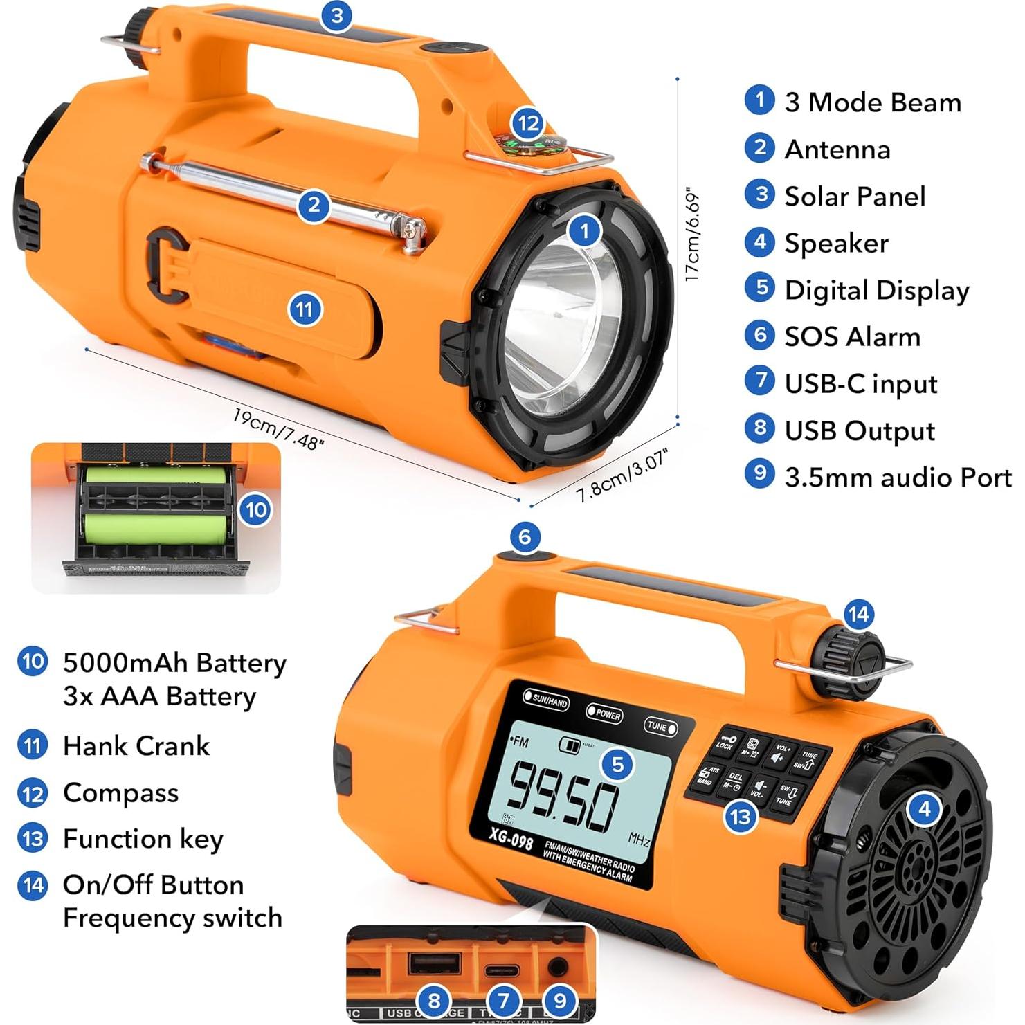 Radio Meteorológica de Emergencia Rckskaya RCKY-098G1 Solar USB-C