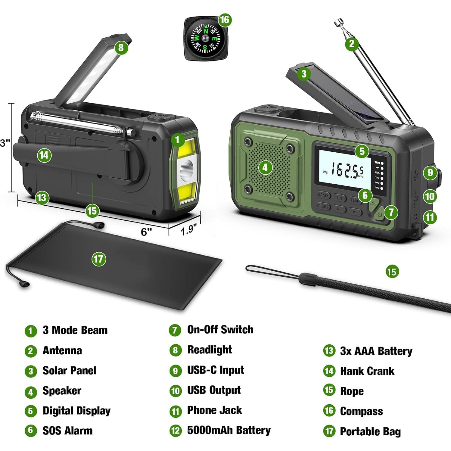 Radio de Emergencia Meteorológica DexScout 5000mAh Solar AM/FM