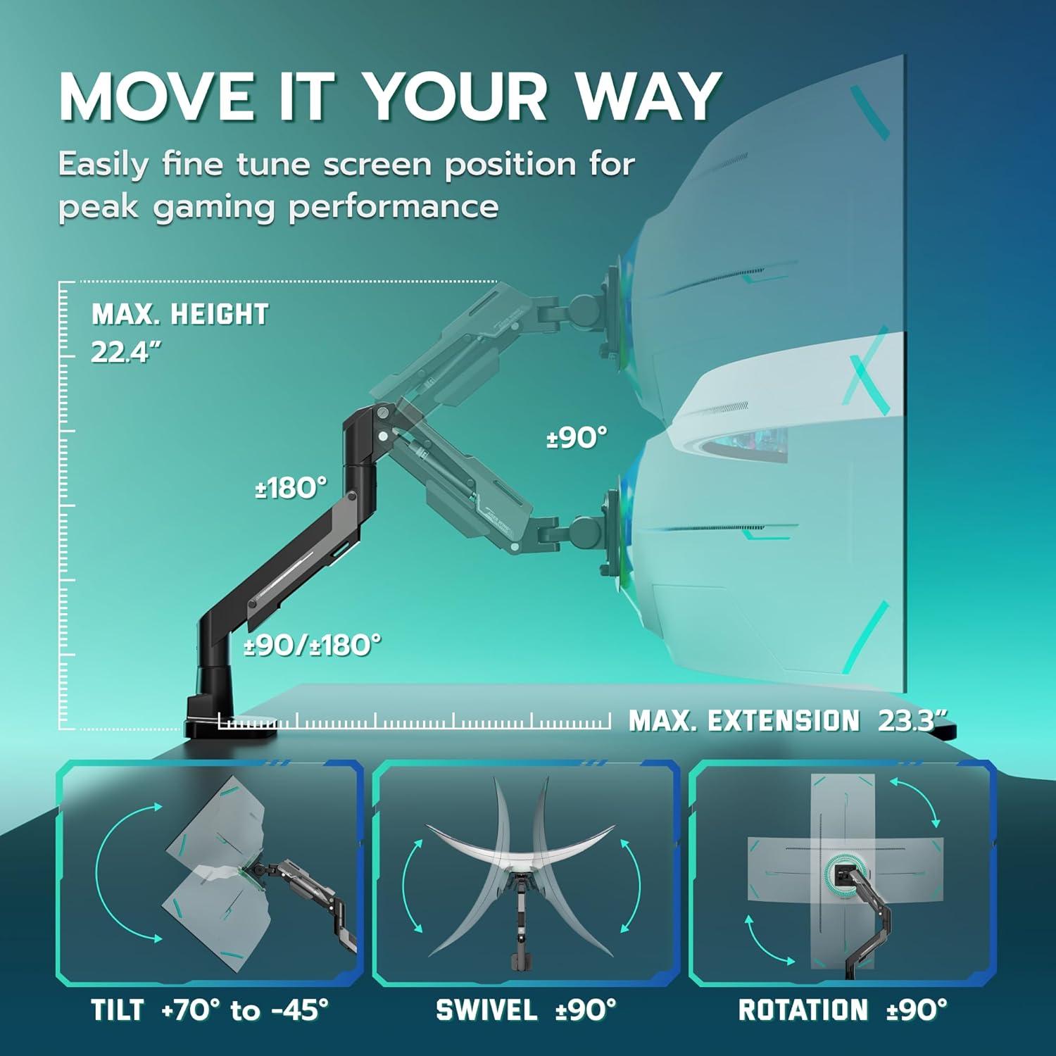 Brazo de Monitor ARES WING Soporte Gas 24-57" hasta 30 kg Negro