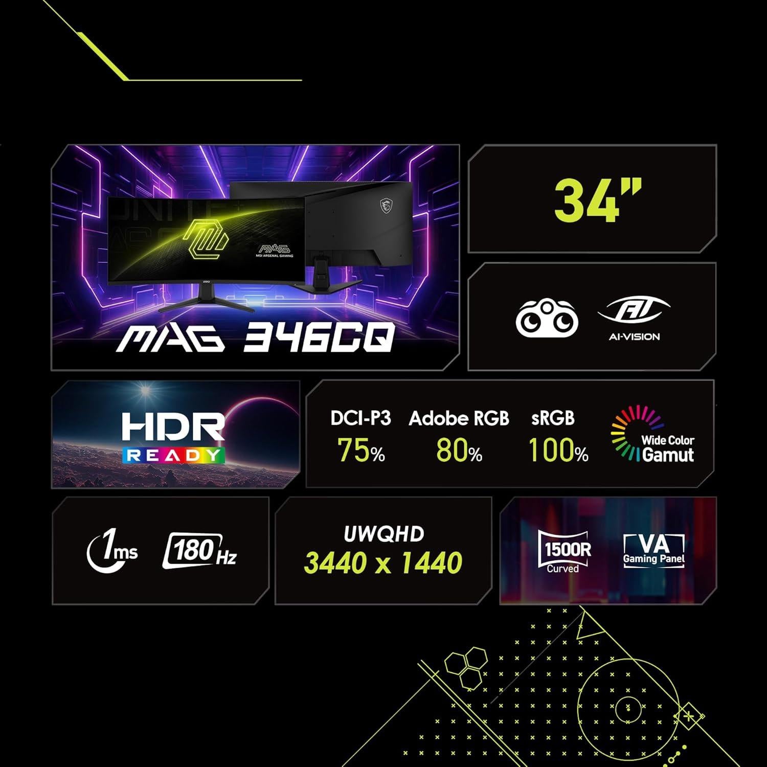 Monitor Curvo de Juegos MSI MAG 346CQ 34" UWQHD 180Hz 1ms